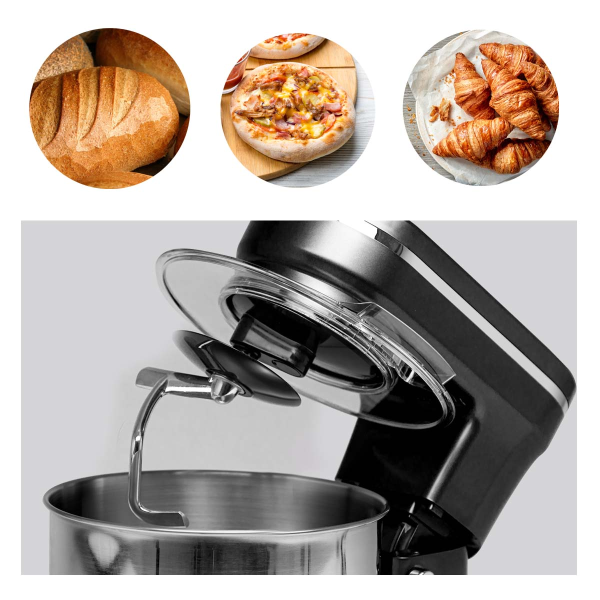 A mixer with a dough hook is shown with images of bread, pizza, and croissants in the background.