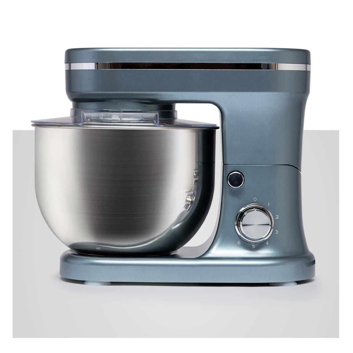 Blue stand mixer, with a stainless steel mixing bowl.