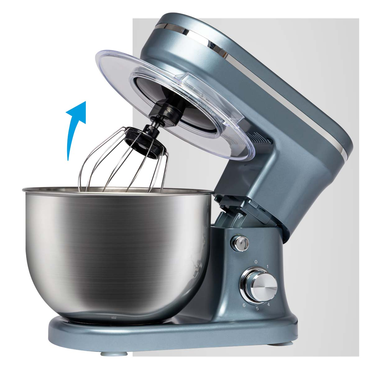 Blue mixer with the top open. A stainless steel bowl is inside, and a beater is in the bowl.