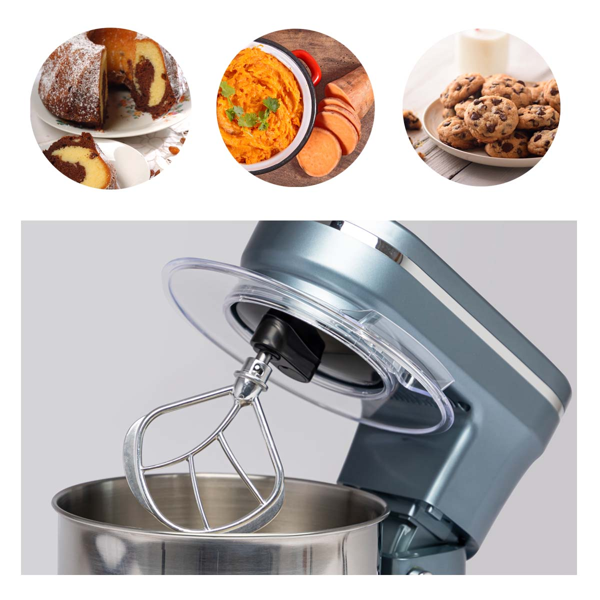 A kitchen mixer with a transparent cover, and three food images: cake, sweet potato, and cookies.