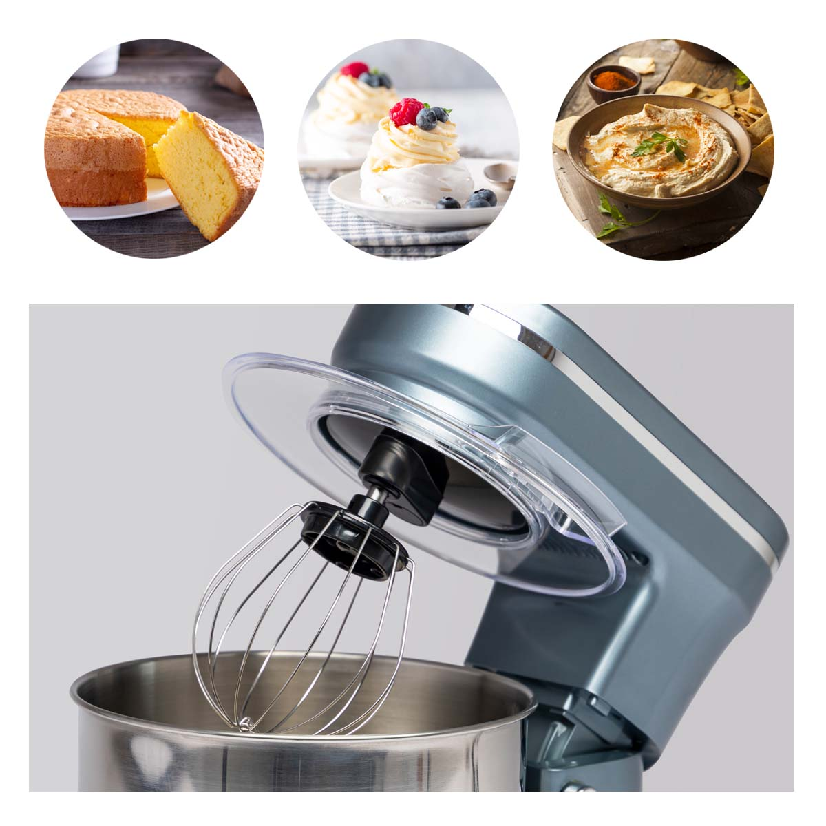 A mixer with three food images and a mixer in process.