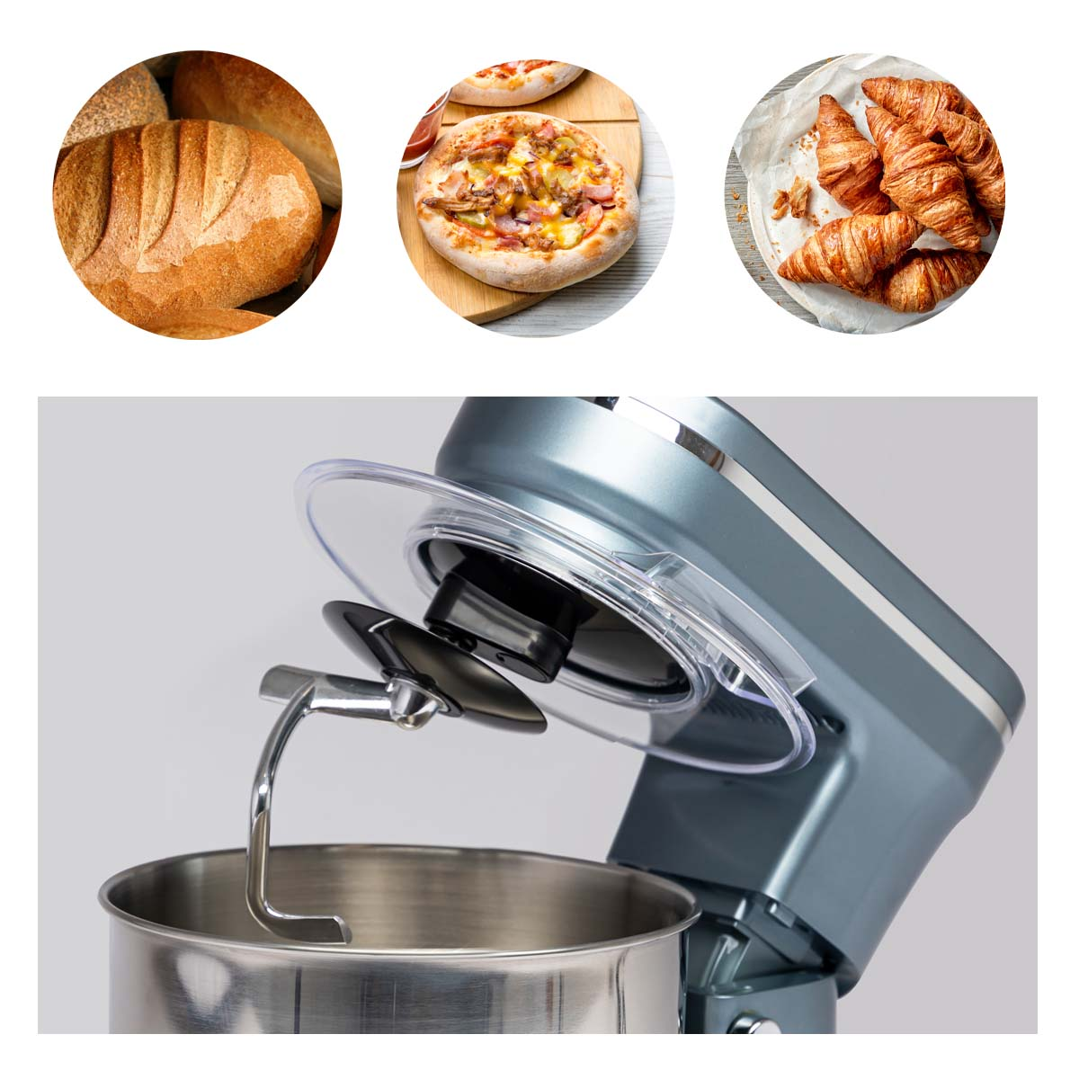 An electric mixer with bread and pastries, a round pizza and croissants in the background.