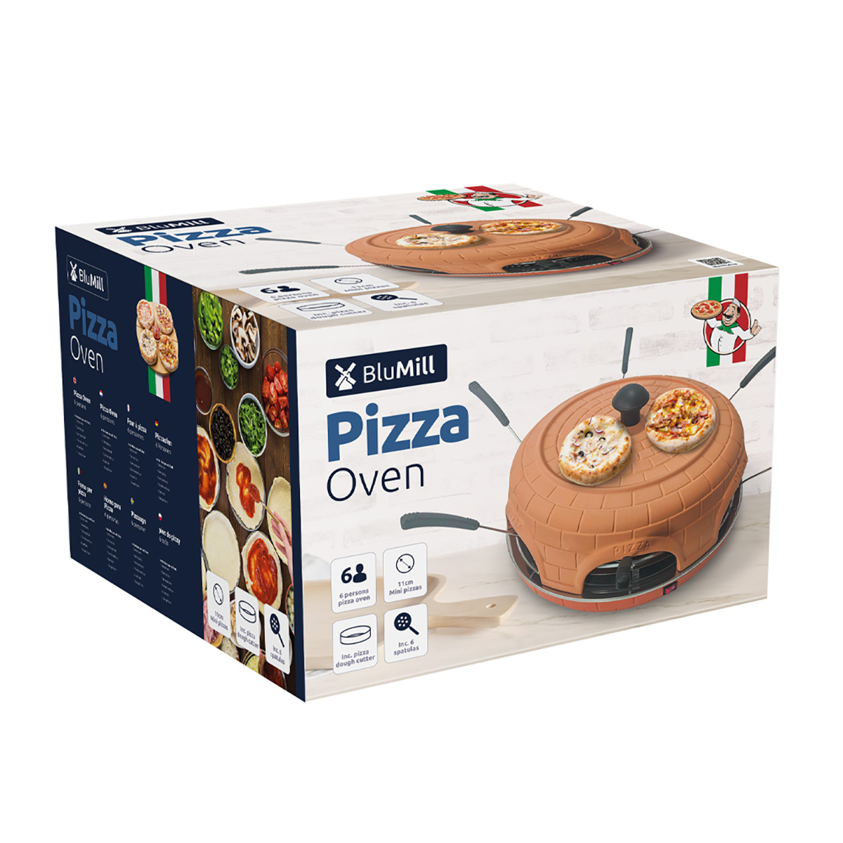 Pizza-ovendoos met pizza en accessoires op een witte achtergrond, met tekst en afbeeldingen.