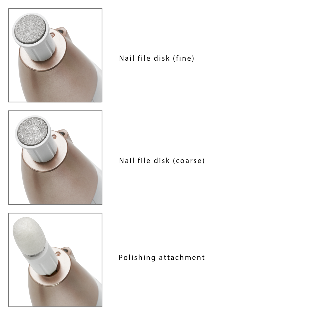 Trzy zbliżenia urządzenia do pielęgnacji stóp z różnymi głowicami szlifującymi.