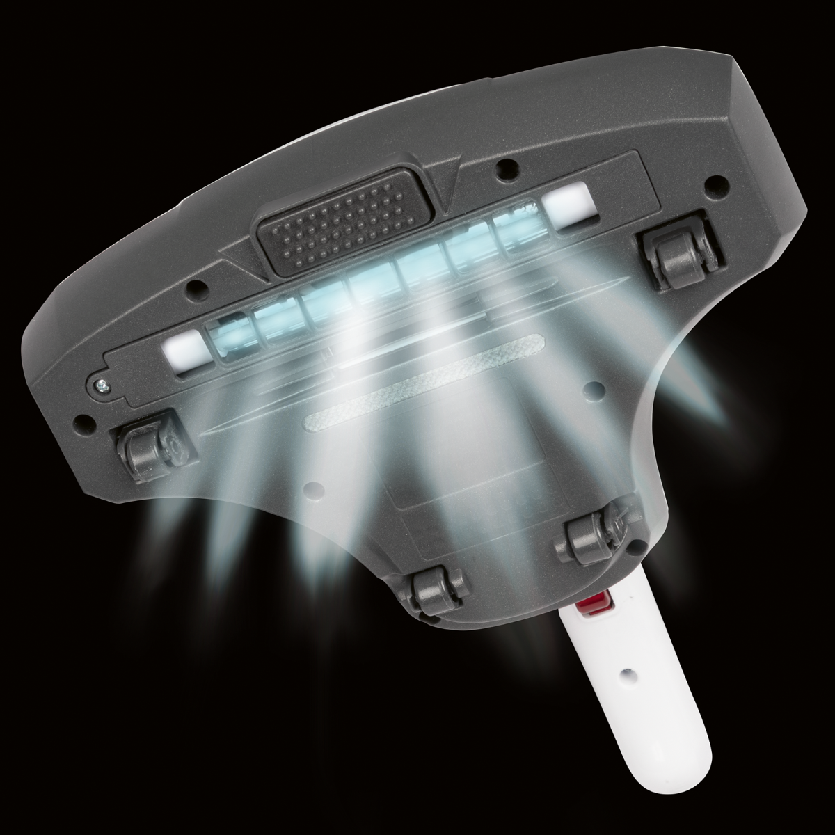 Szara głowica odkurzacza z kółkami, białymi strumieniami powietrza i białym uchwytem na czarnym tle.