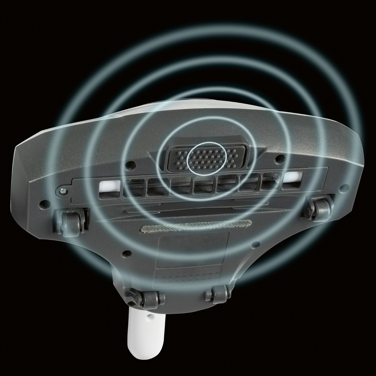 Spód odkurzacza z obszarem silnika i okrągłymi grafikami fal dźwiękowych.