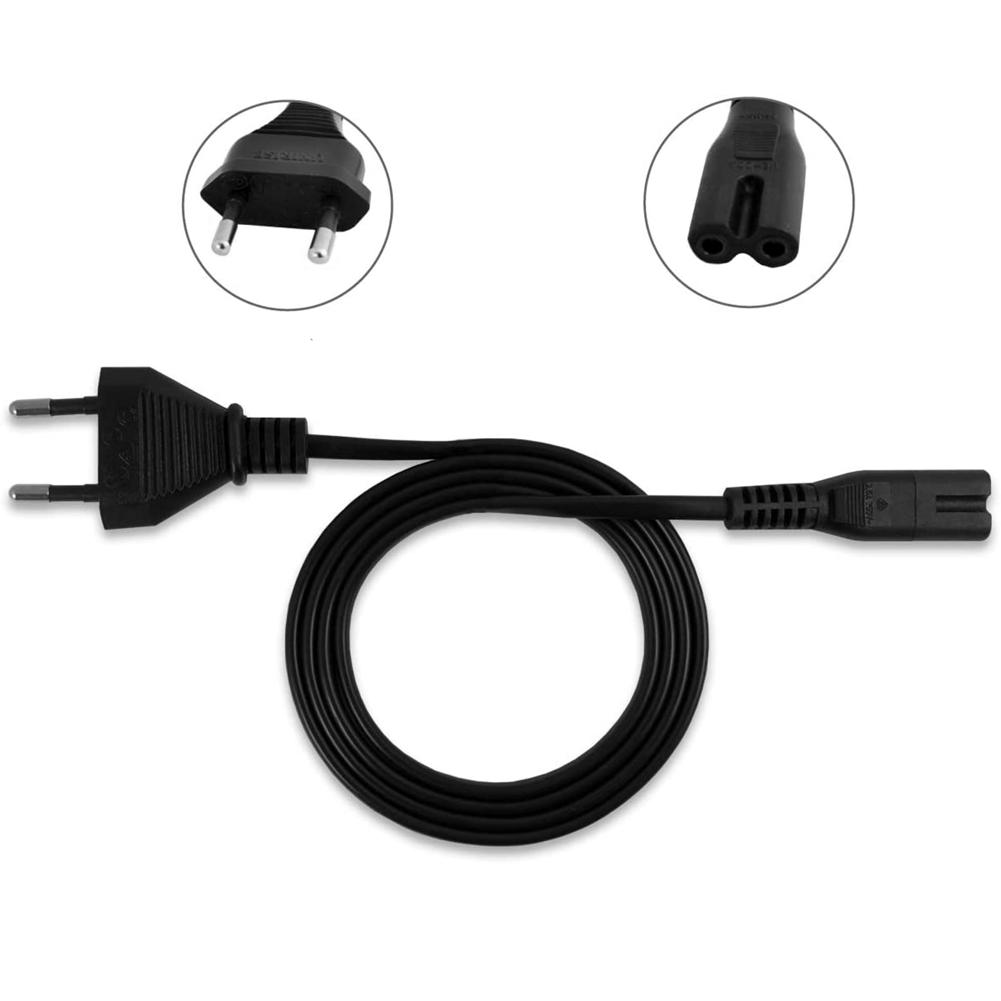 Schwarzes Netzkabel mit zwei verschiedenen Steckern.