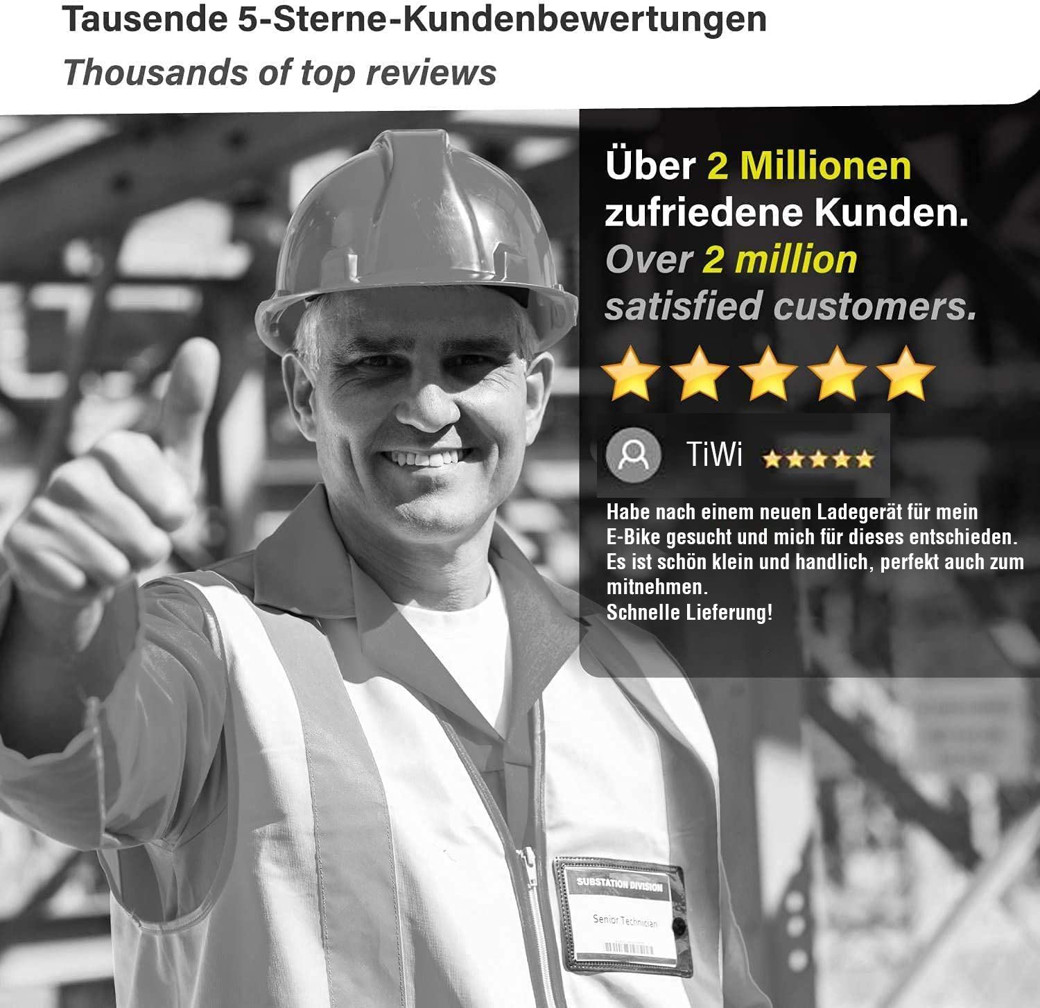 Bild eines Mannes in gelber Weste mit Bewertung und fünf Sternen.