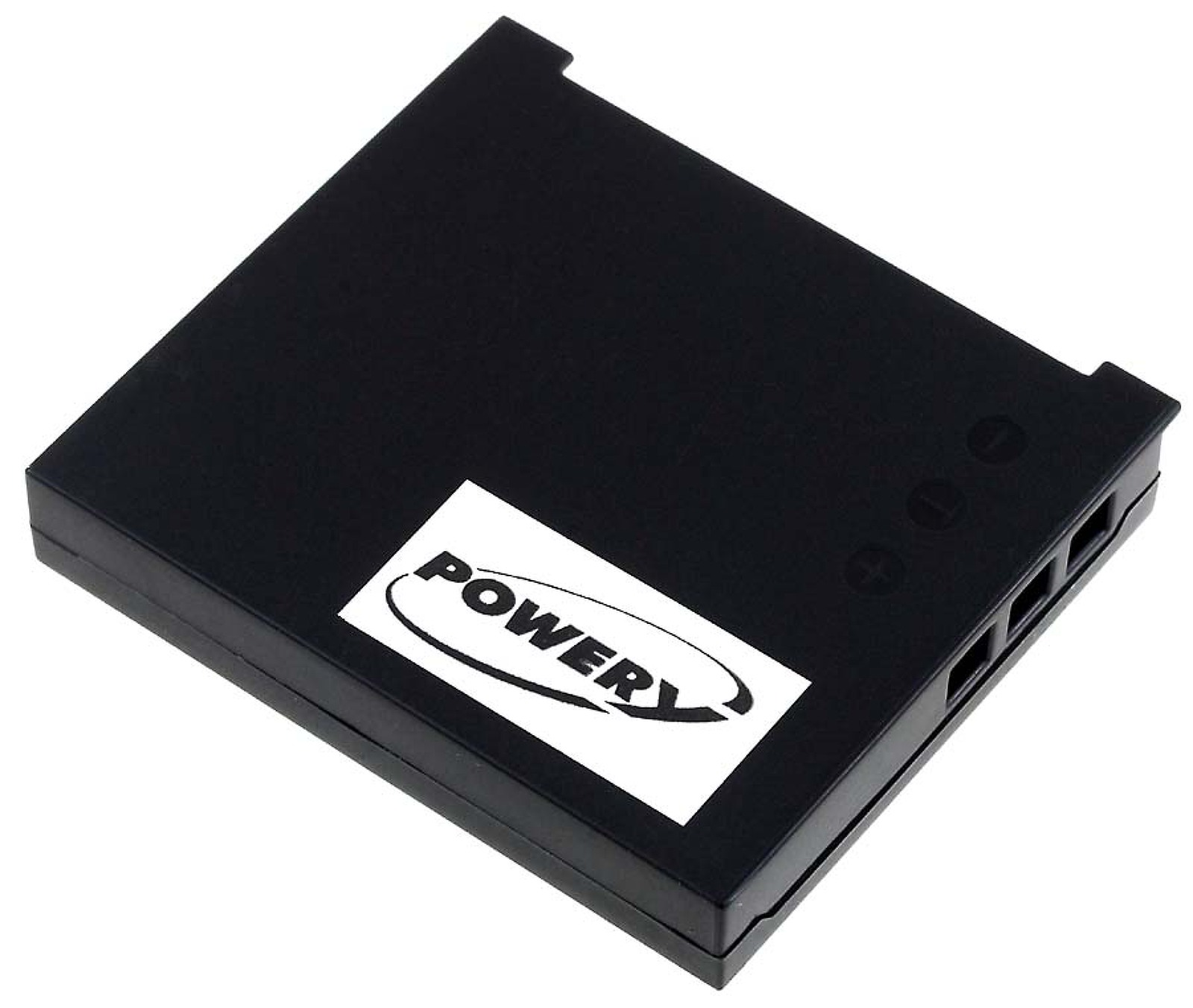 Una batería POWER negra con un logotipo blanco e indicadores positivo/negativo, sobre un fondo blanco.