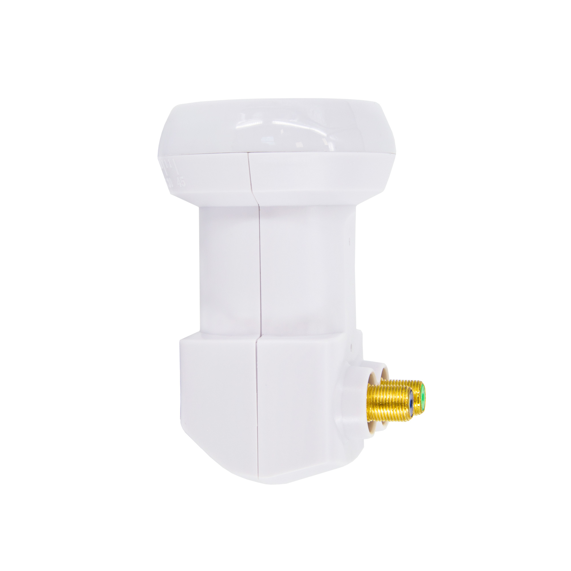 Weißer Satellitenempfänger mit F-Stecker und weißem Hintergrund.