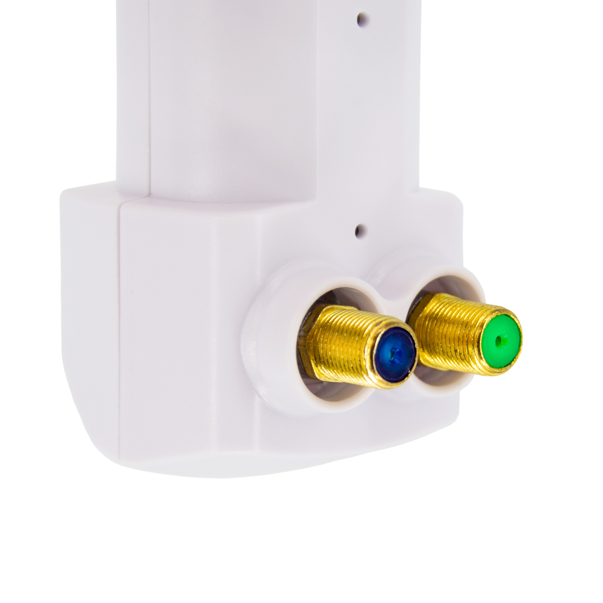 Weißer Stecker mit blauen und grünen Anschlüssen, auf weißem Grund.