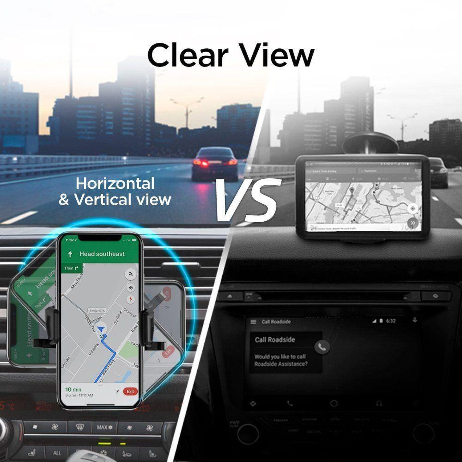 Vergleich von Telefon- und GPS-Navigationssystemen im Auto, zeigt klare Sicht.