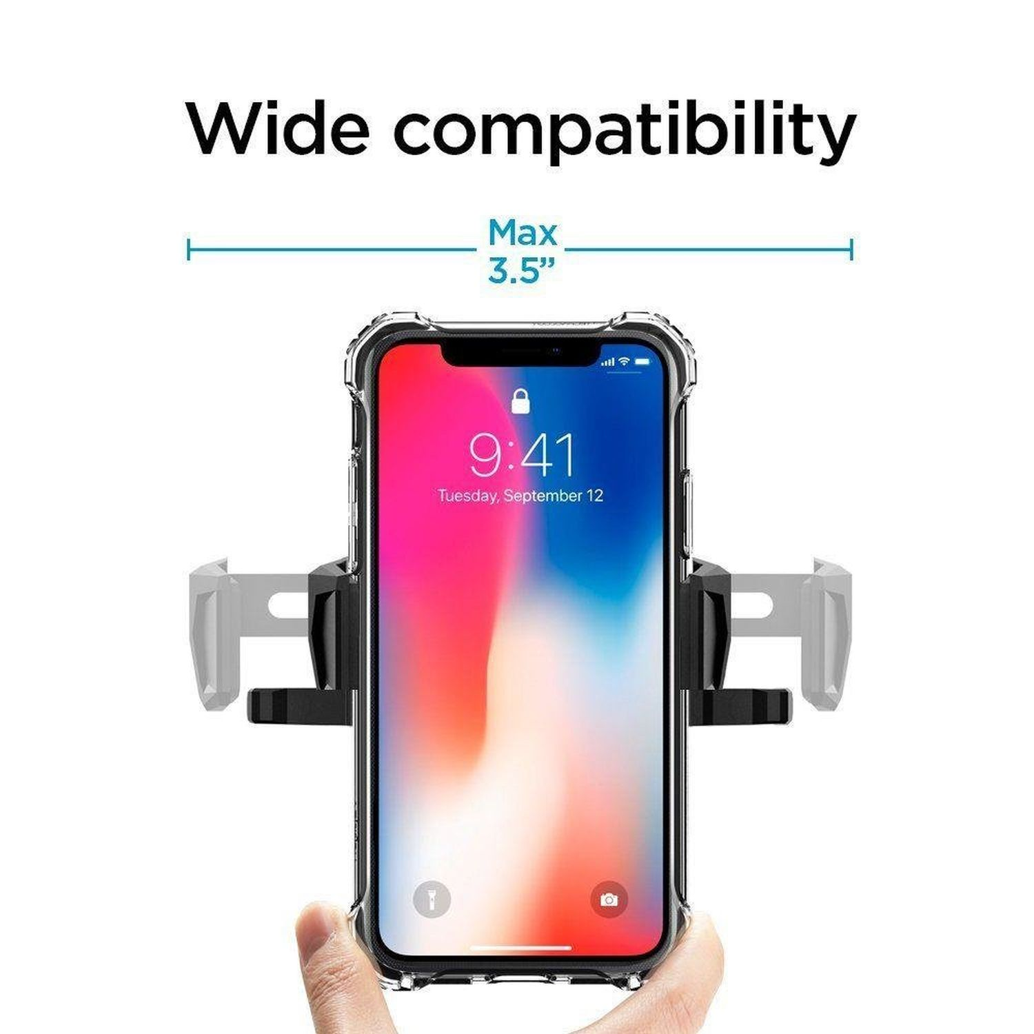 Ein Telefon in einer Hülle, gehalten von einer Halterung, mit Text "Wide compatibility" darüber.