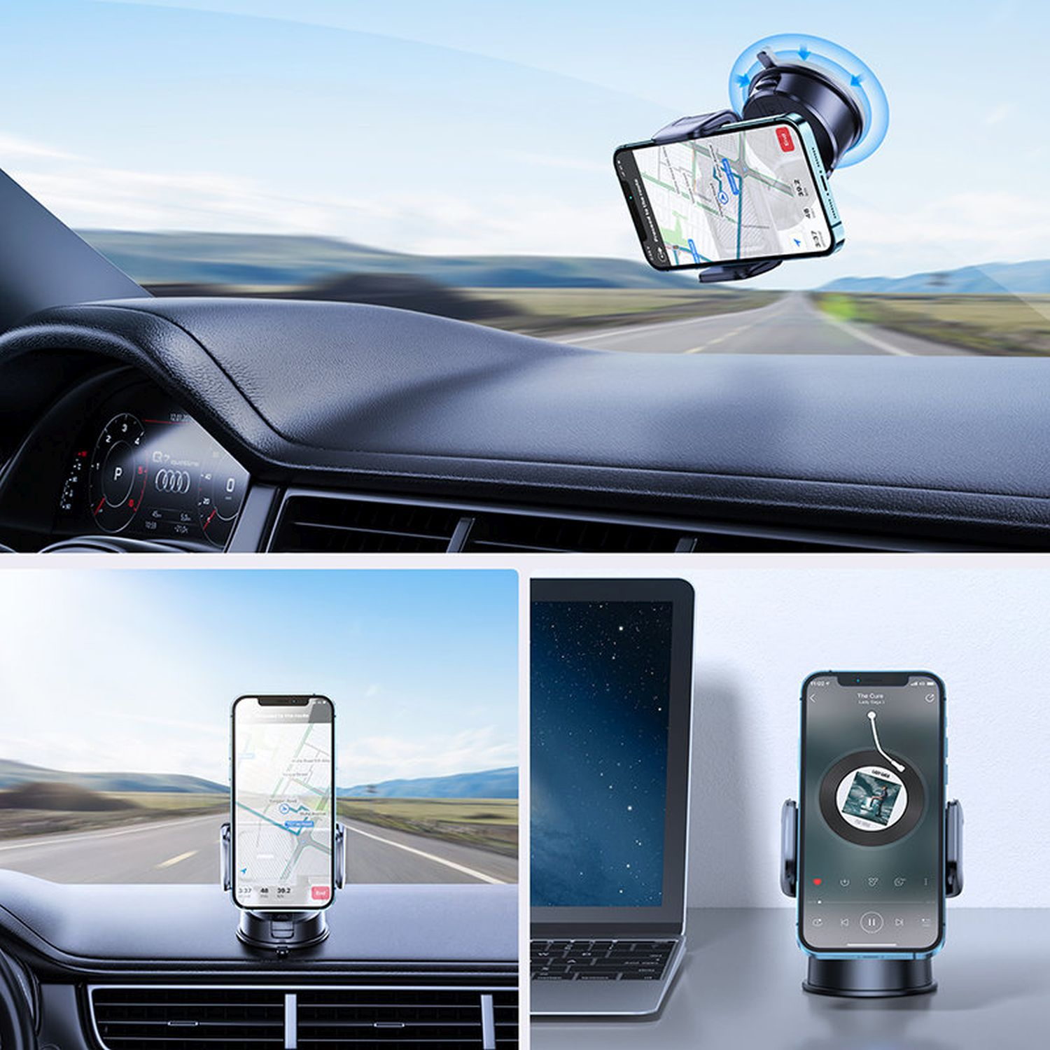 Eine Telefonhalterung auf einem Armaturenbrett, und zwei andere Telefone mit Navigation und Musik.