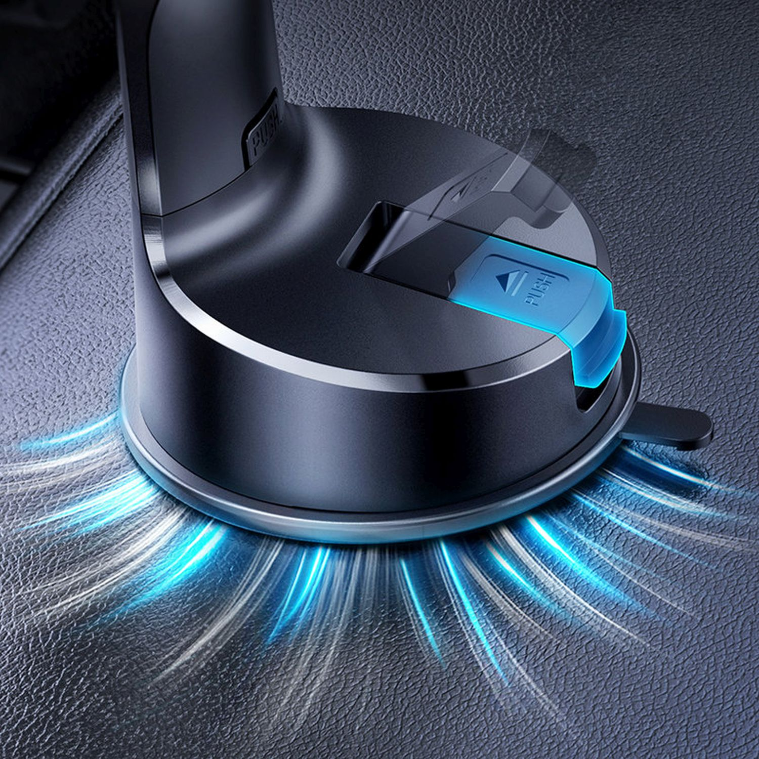 Eine schwarze Autohalterung mit Saugnapfbasis, die ein Telefon hält, mit blauen Lichtakzenten.