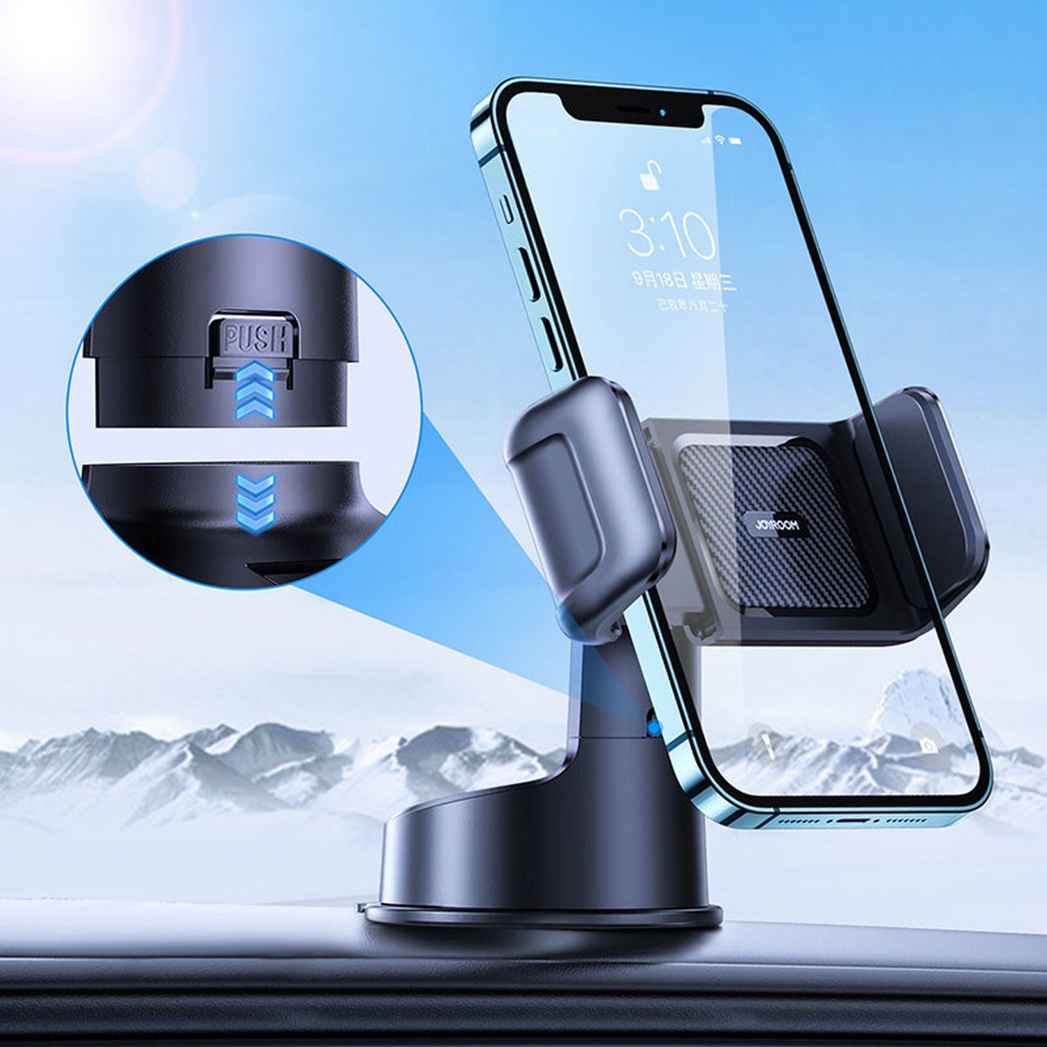 Telefon in einer Autohalterung. Die Halterung ist schwarz und an der Windschutzscheibe befestigt.