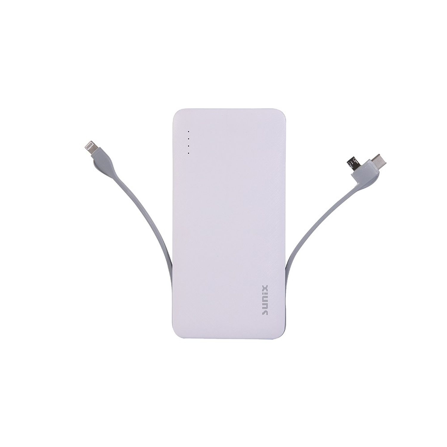 Weiße Powerbank mit zwei grauen Kabeln. Es hat das Wort 'sunix' auf der Seite.