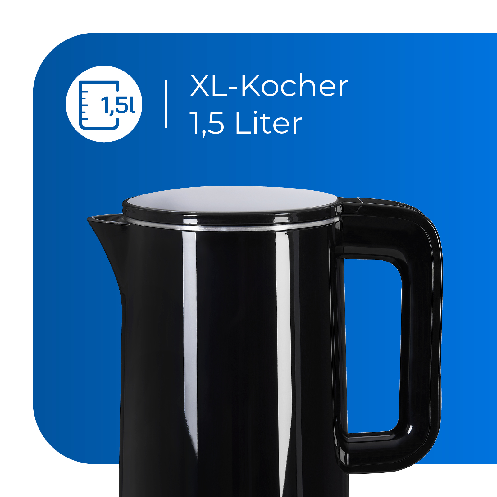 Schwarzer Wasserkocher mit weißem Deckel, schwarzem Griff und blauem Hintergrund. Es hat ein Fassungsvermögen von 1,5 l.