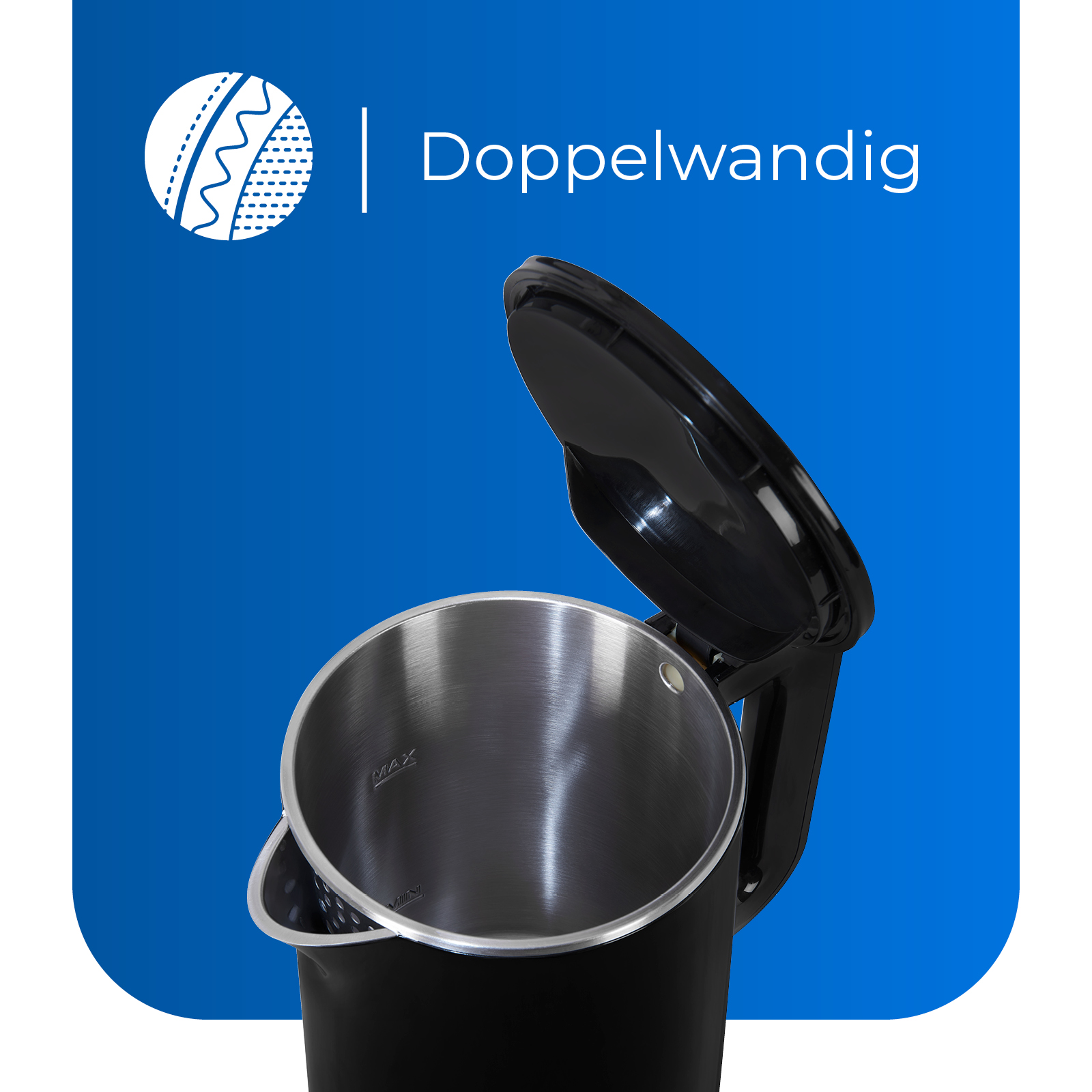 Ein schwarzer Wasserkocher mit offenem Deckel und dem Wort 'Doppelwandig'.