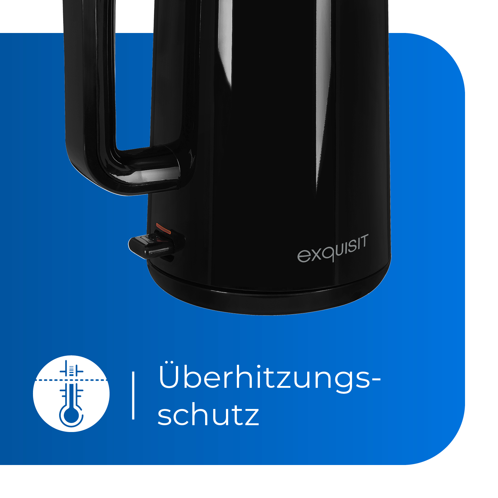 Schwarzer Wasserkocher mit Griff und dem Wort 'exquisit'. Er hat ein Überhitzungsschutz-Etikett.