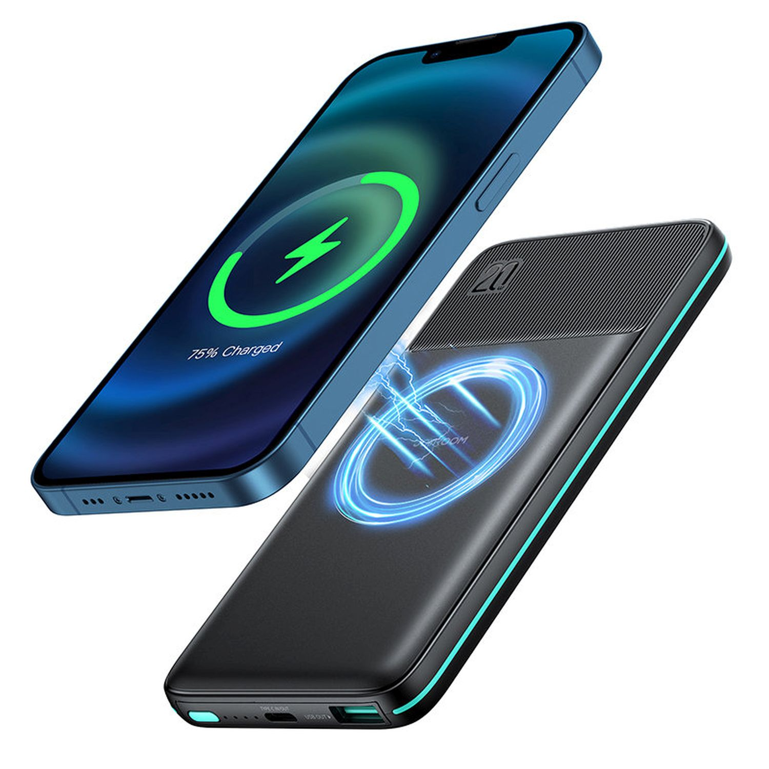 Ein blaues iPhone zeigt das Laden an. Eine schwarze Powerbank daneben, mit einem leuchtenden Ladesymbol.
