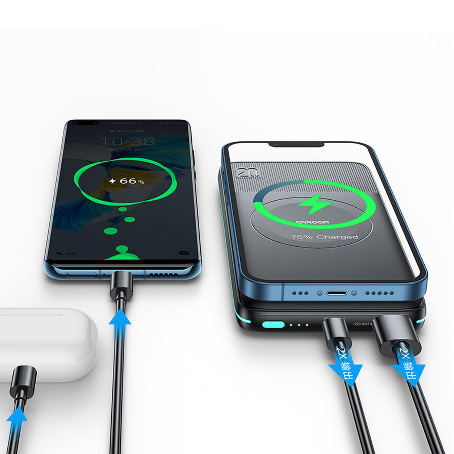 Zwei Smartphones, die von einer Powerbank geladen werden, mit Ladeanzeigen und Kabeln.