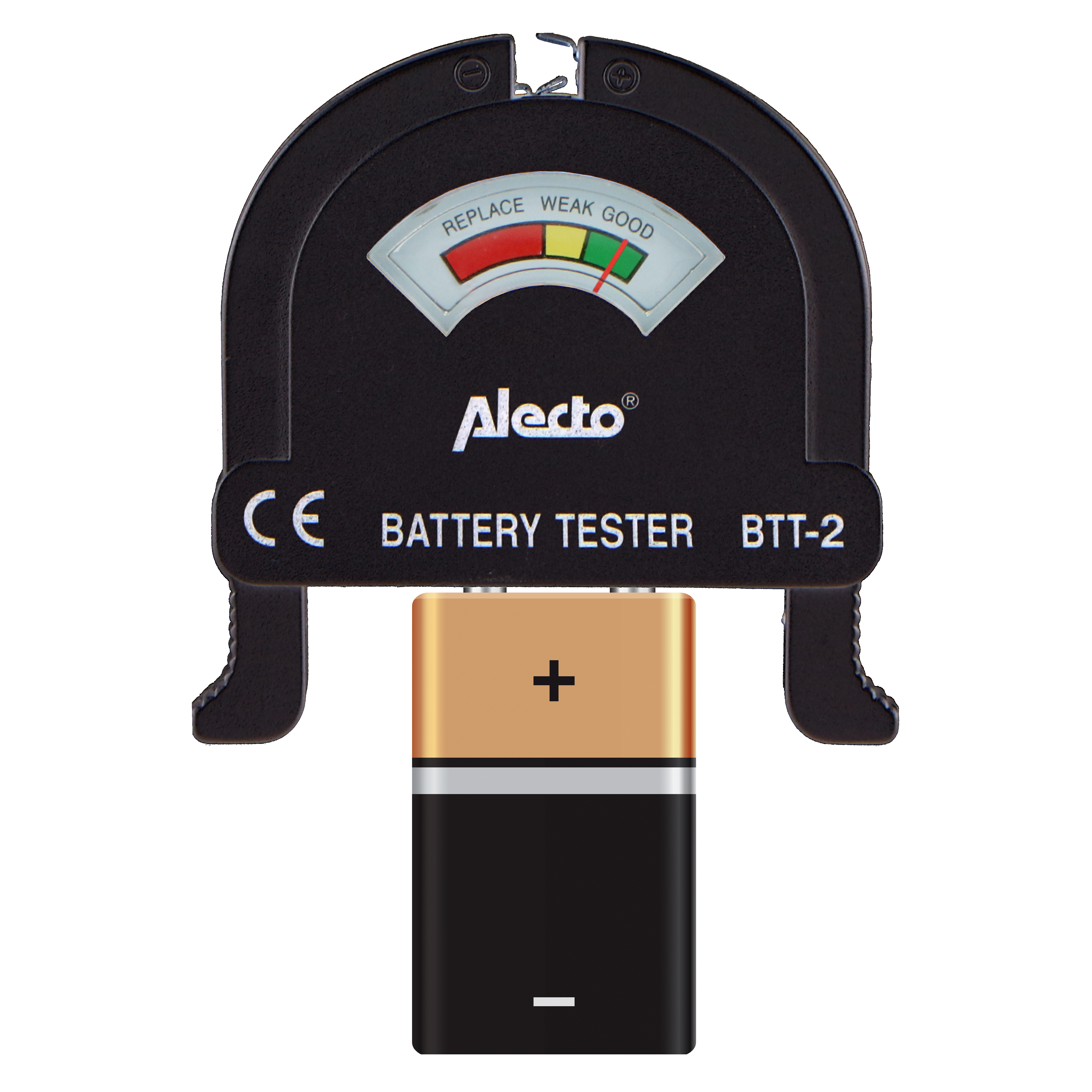 Batterietester mit Gold- und Schwarzbatterie und Anzeige für gut, schwach und ersetzen.