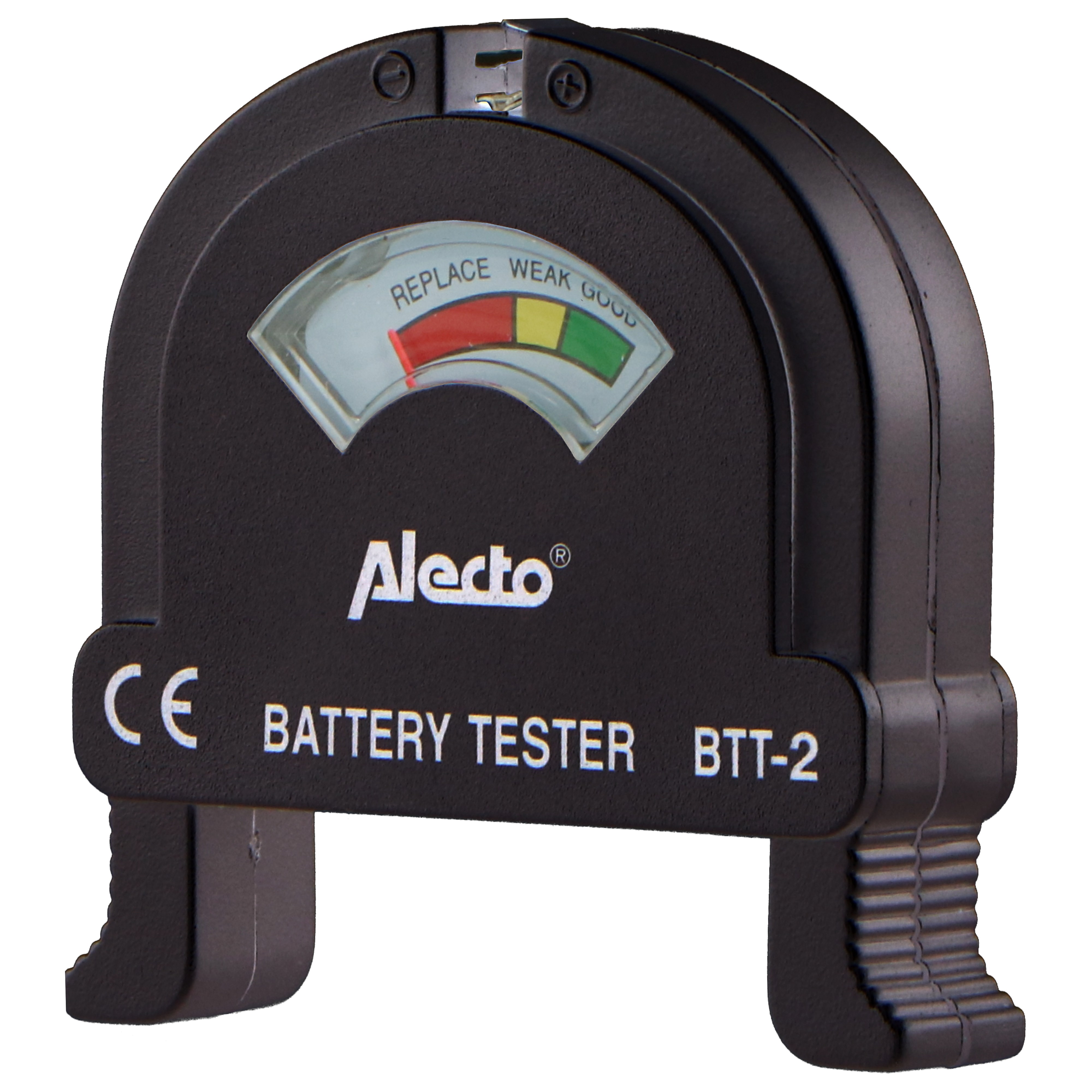 Schwarzer Batterietester mit Anzeige, die 'replace', 'weak' und 'good' anzeigt.