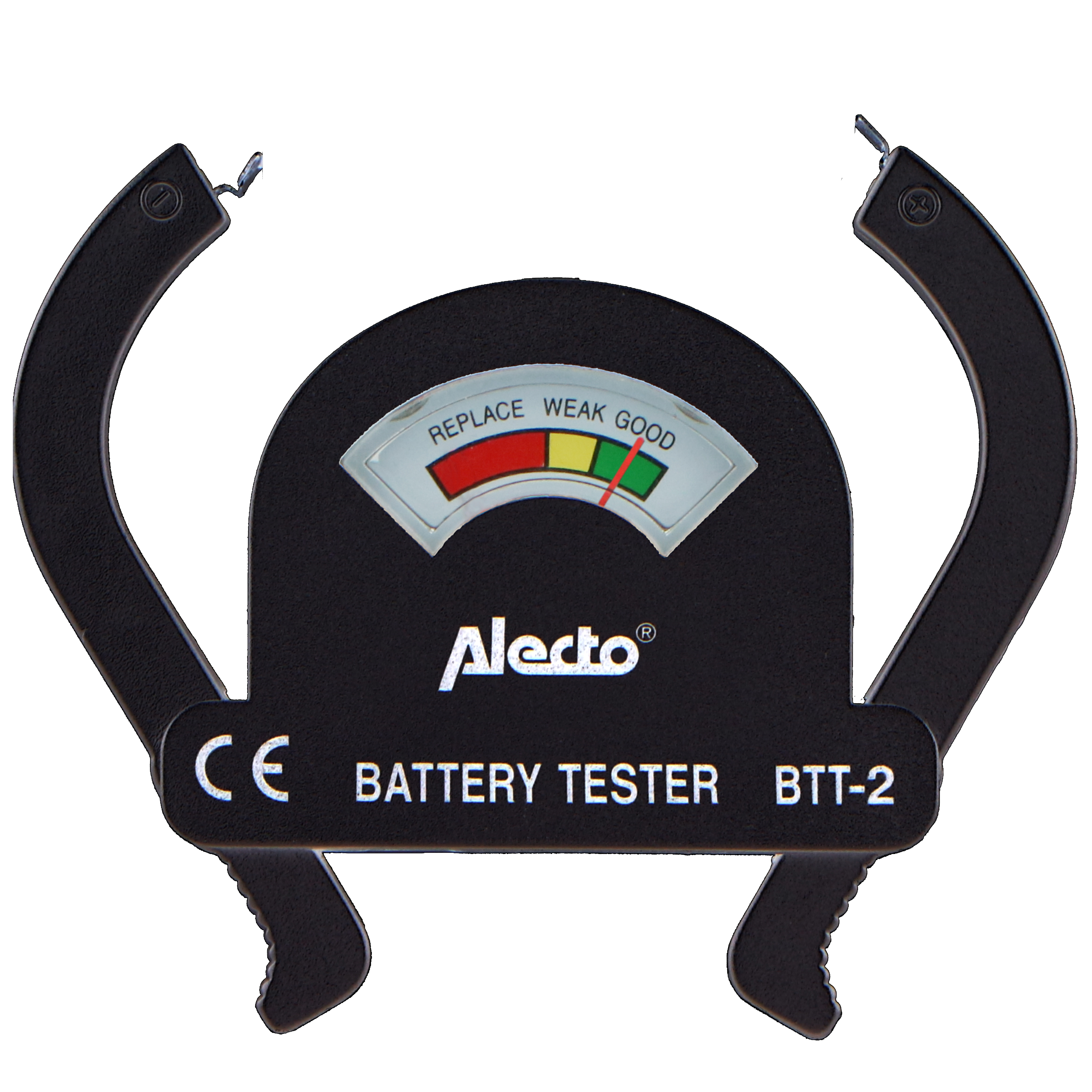 Schwarzer Batterietester mit einer Anzeige, die 'Replace', 'Weak' und 'Good' anzeigt. Die Marke ist 'Alecto'.