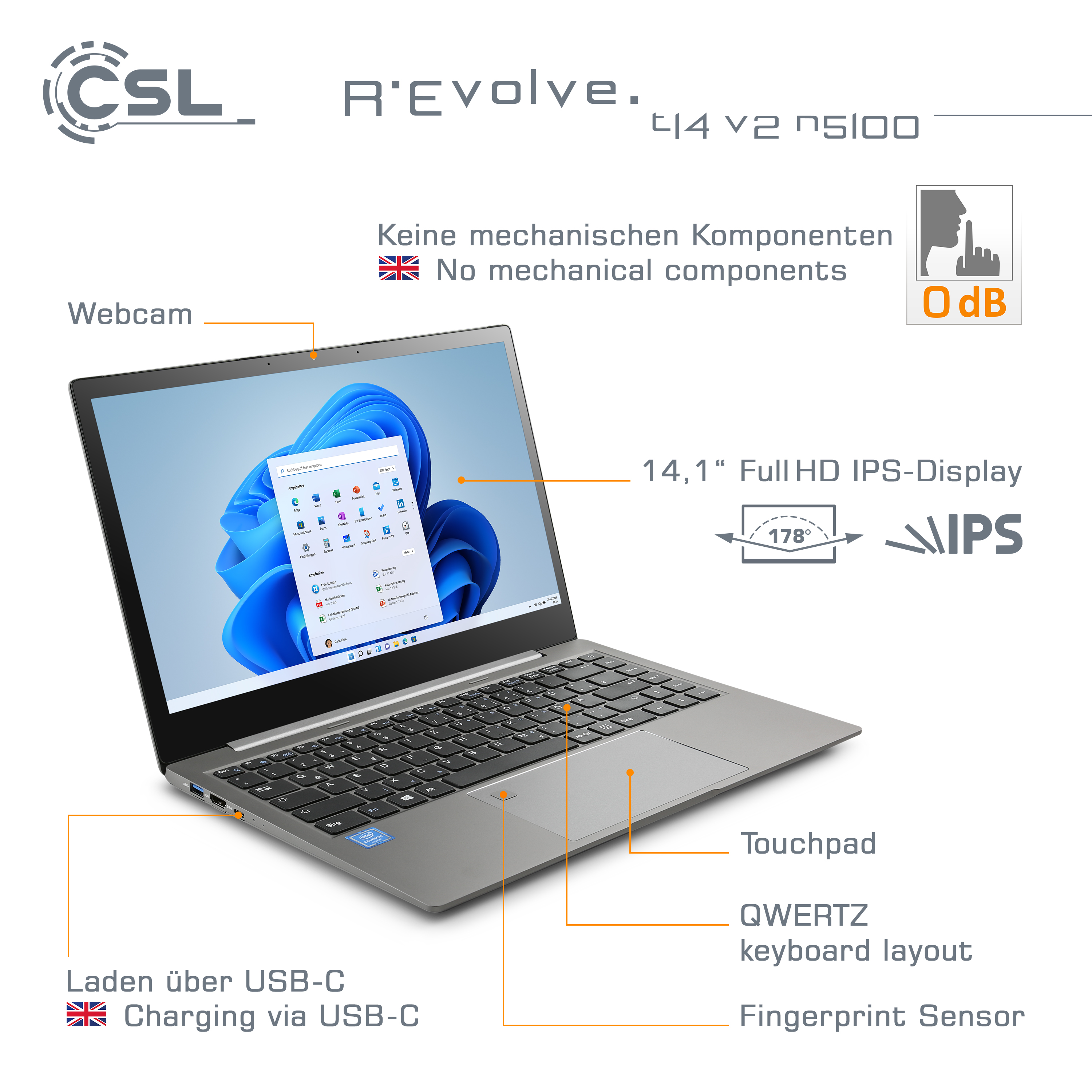 CSL R\'Evolve T14 v2 11 SSD, Notebook / 14 Windows Intel® 16GB / 2000GB Zoll Pro, RAM, 2000 Display GB GB mit Touchscreen, 16 Graphics, UHD / grau