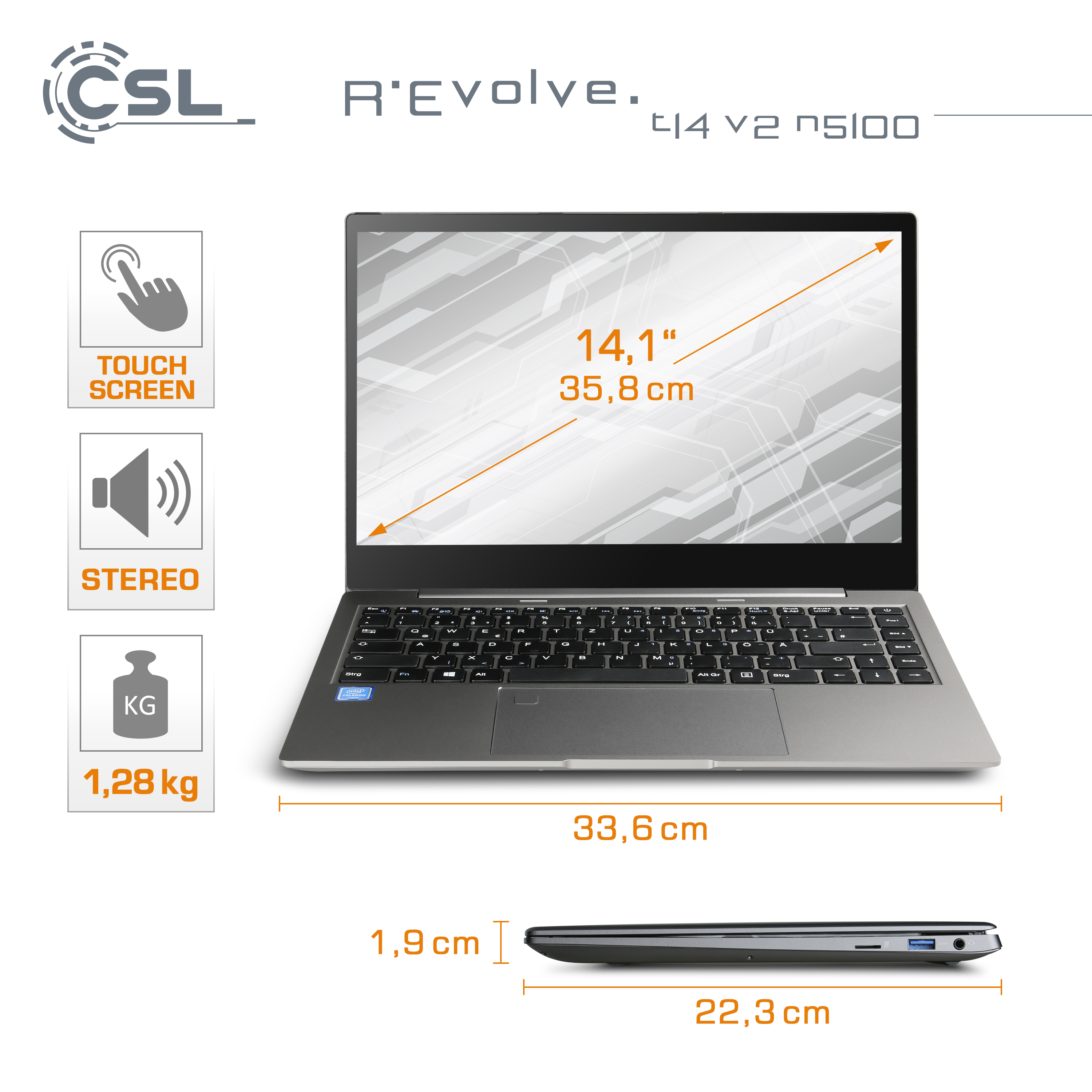 CSL R\'Evolve T14 v2 / 8GB RAM, SSD, Graphics, Notebook 1000 10 14 / UHD 1000GB Windows Display Intel® GB 8 GB / Zoll grau Touchscreen, mit Pro