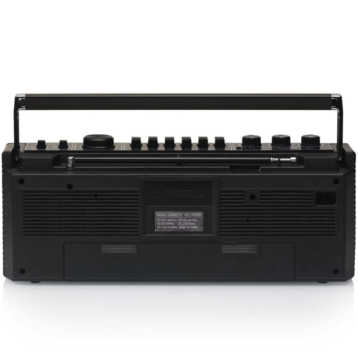 Ein schwarzer Radiokassettenrekorder, von hinten gesehen, mit Knöpfen und einem Griff.