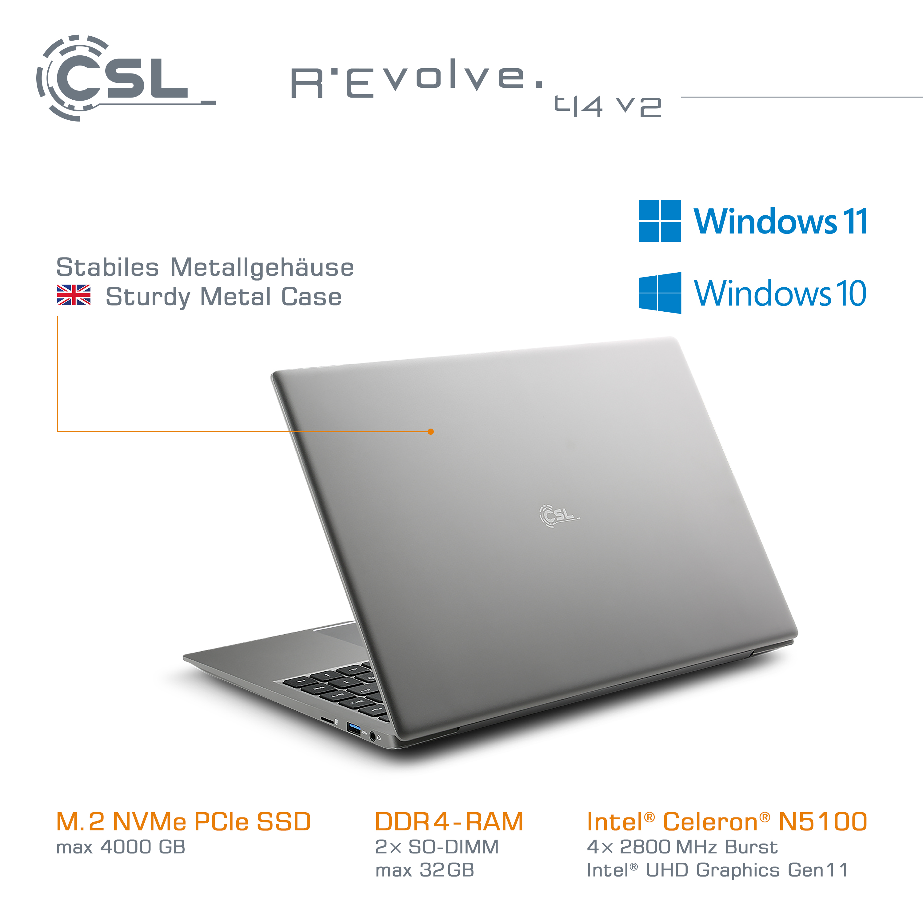 CSL R\'Evolve T14 v2 / 11 GB grau mit 8 GB 2000GB / Windows RAM, Display Notebook UHD Touchscreen, Pro, Zoll 8GB 14 Graphics, / 2000 Intel® SSD