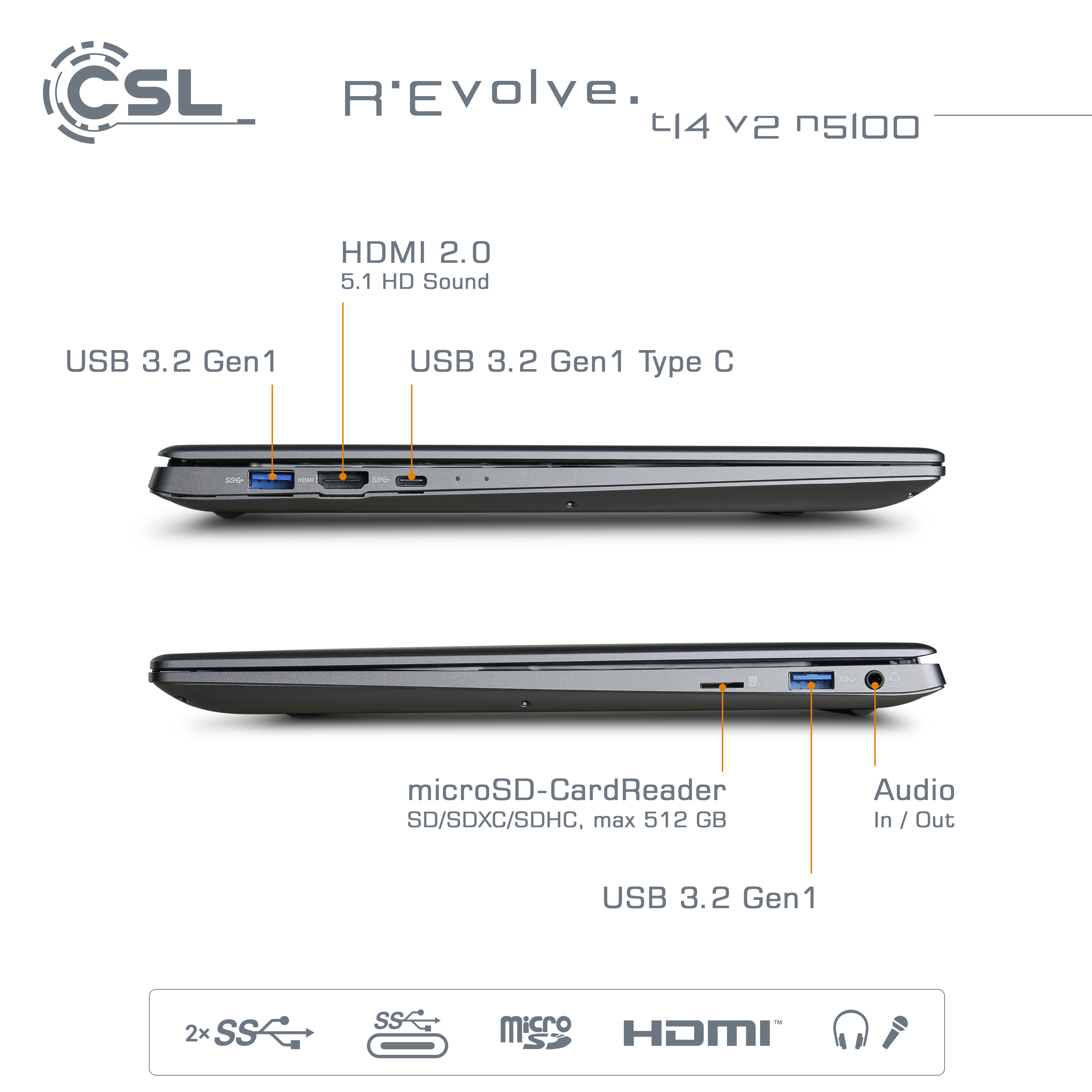 CSL R\'Evolve T14 v2 / 11 GB grau mit 8 GB 2000GB / Windows RAM, Display Notebook UHD Touchscreen, Pro, Zoll 8GB 14 Graphics, / 2000 Intel® SSD