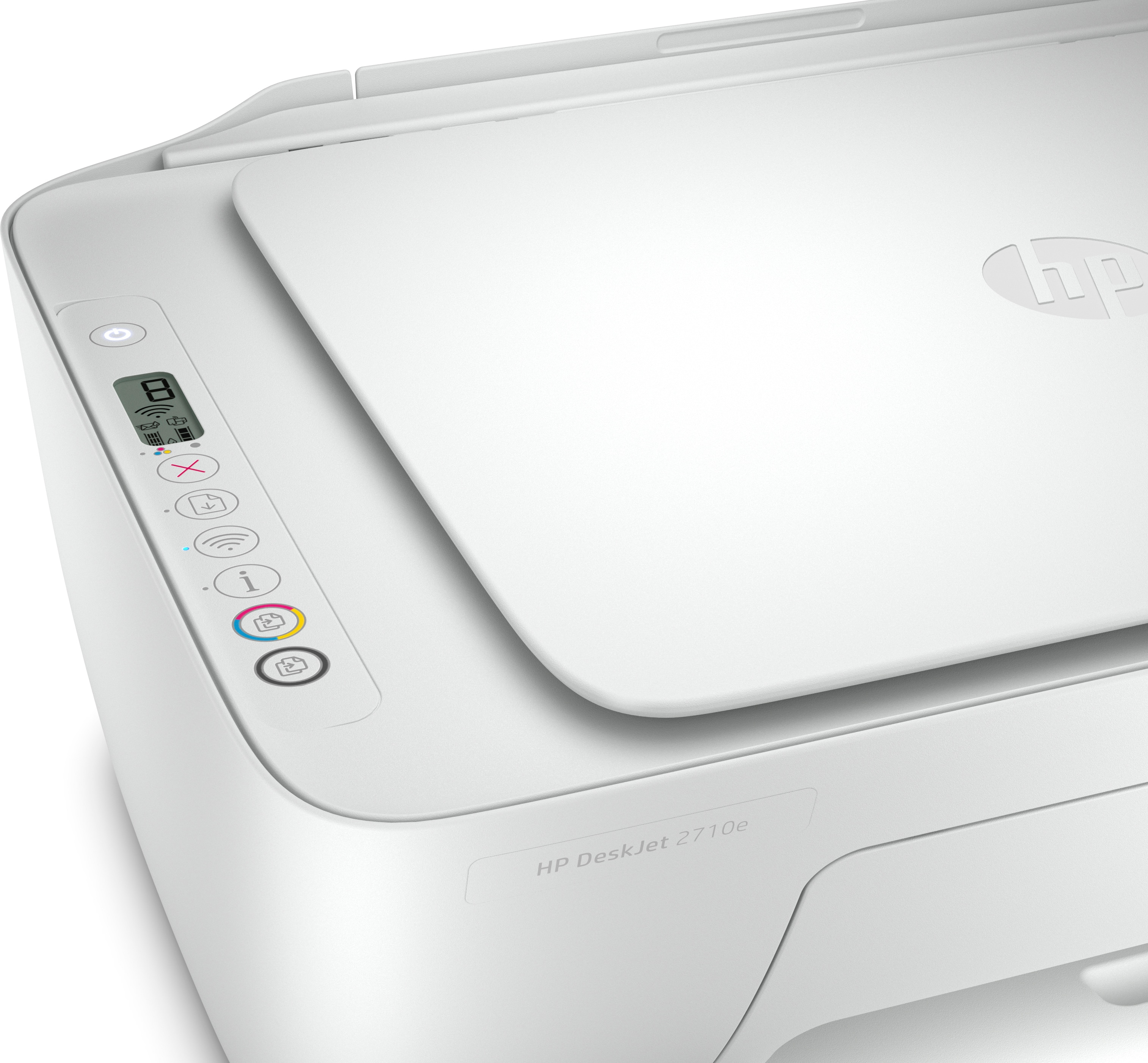 Impresora HP Deskjet blanca. Vista superior con tapa abierta. Panel de control con pantalla. Logo HP arriba.