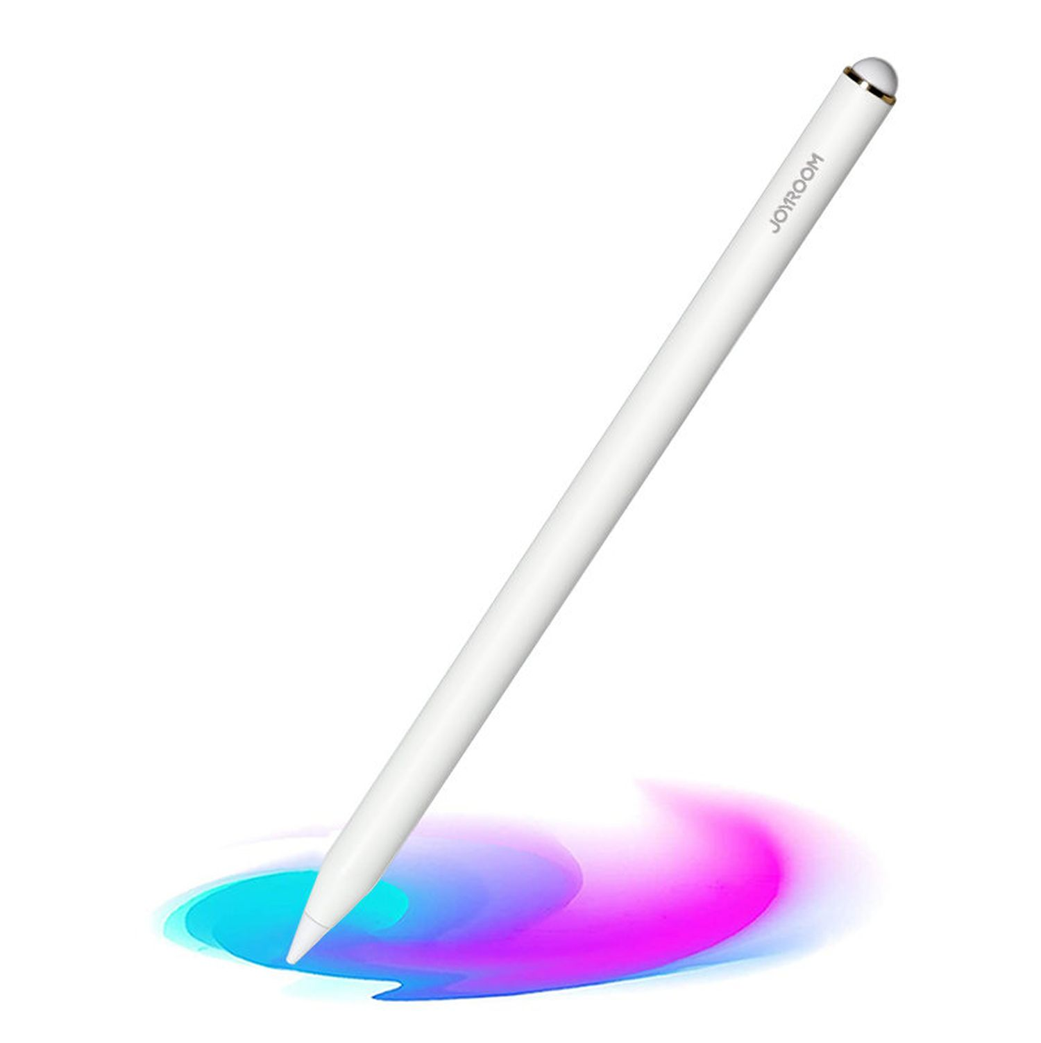 Weißer Joyroom-Stift mit goldener Spitze und blau-rosa Hintergrund.
