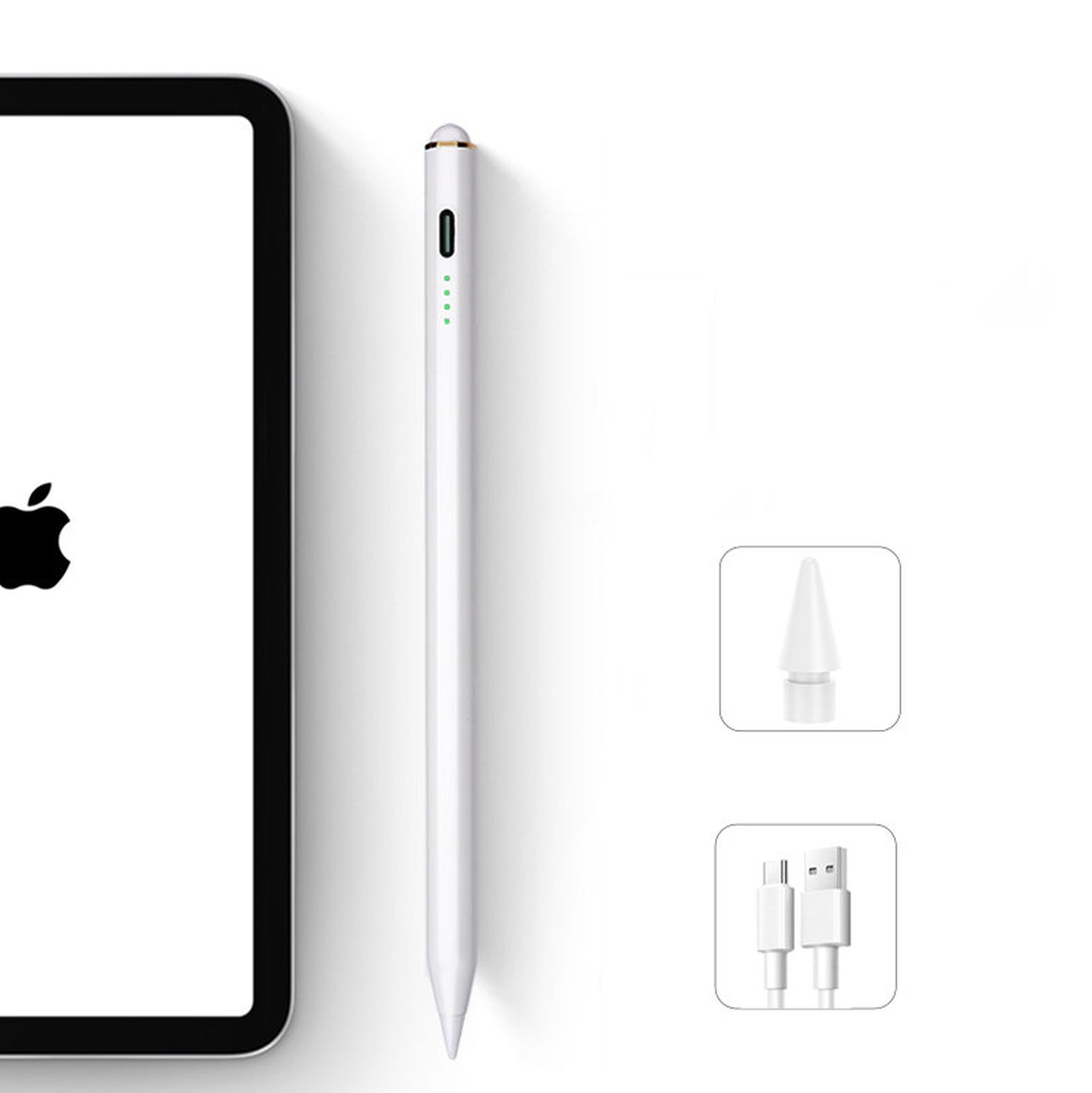 Weißer Stift, Apple-Logo links, Ladeadapter und extra Stiftspitze sind sichtbar.