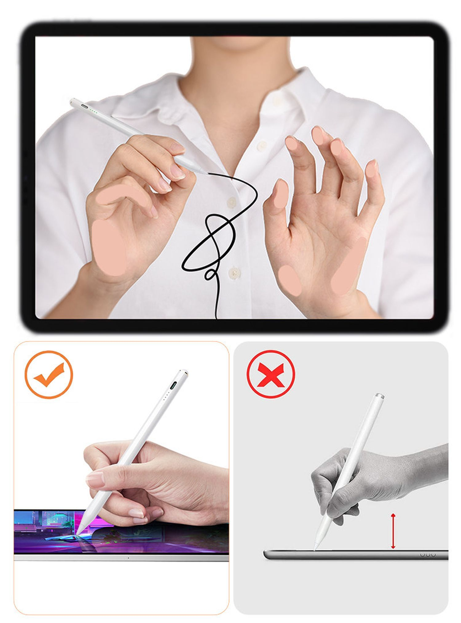 Eine Person verwendet einen weißen Stift auf einem Tablet. Das Bild zeigt korrekte und falsche Verwendung.