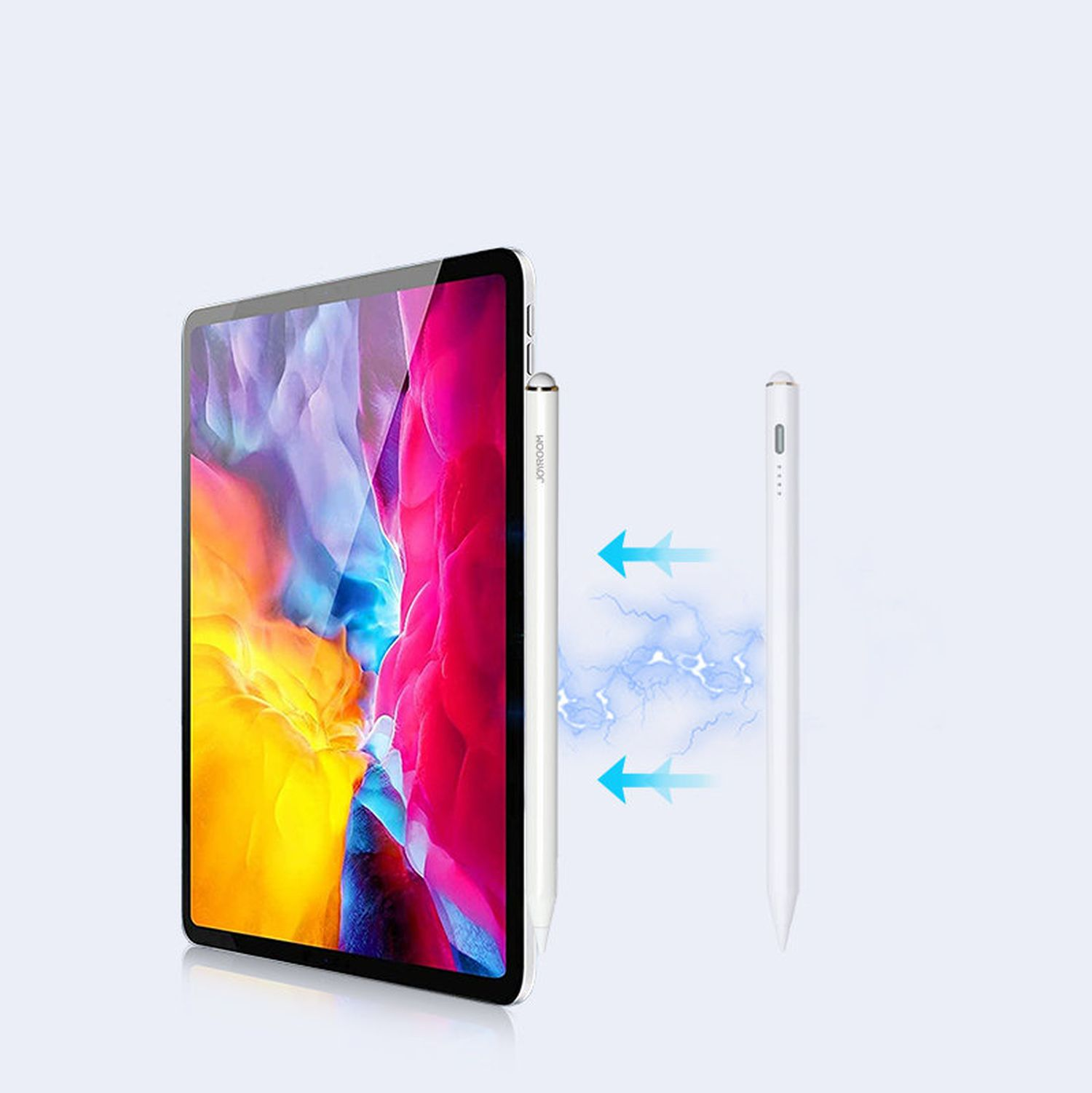 Weißes Tablet und Stift. Pfeile, die zeigen, wie der Stift an der Seite des Tablets geladen wird.