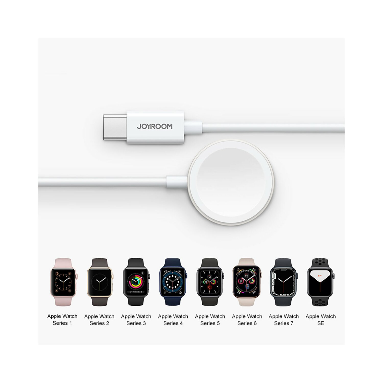 Apple Watch Ladeset. Weißes Ladegerät, Kabel und verschiedene Uhrenmodelle.