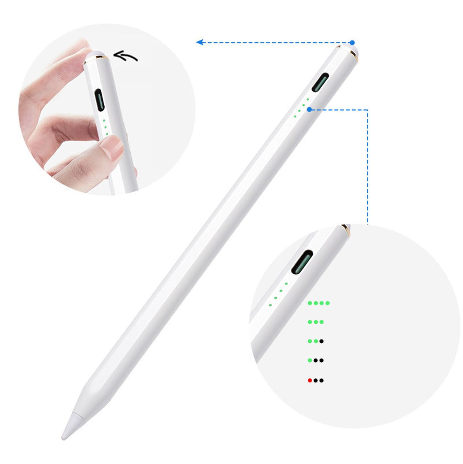 Ein weißer Stift mit Ladeanzeige an der Seite. Es hat einen runden Ladeanschluss.