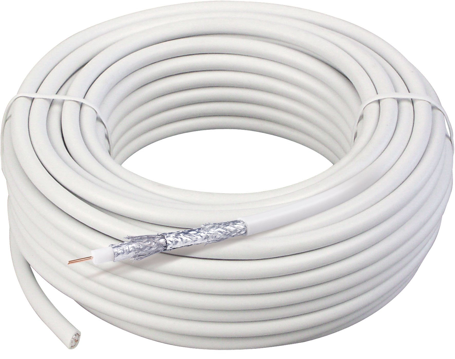 Gerolltes weißes Kabel mit freiliegendem Innenleiter. Das Kabel ist um sich selbst gewickelt.