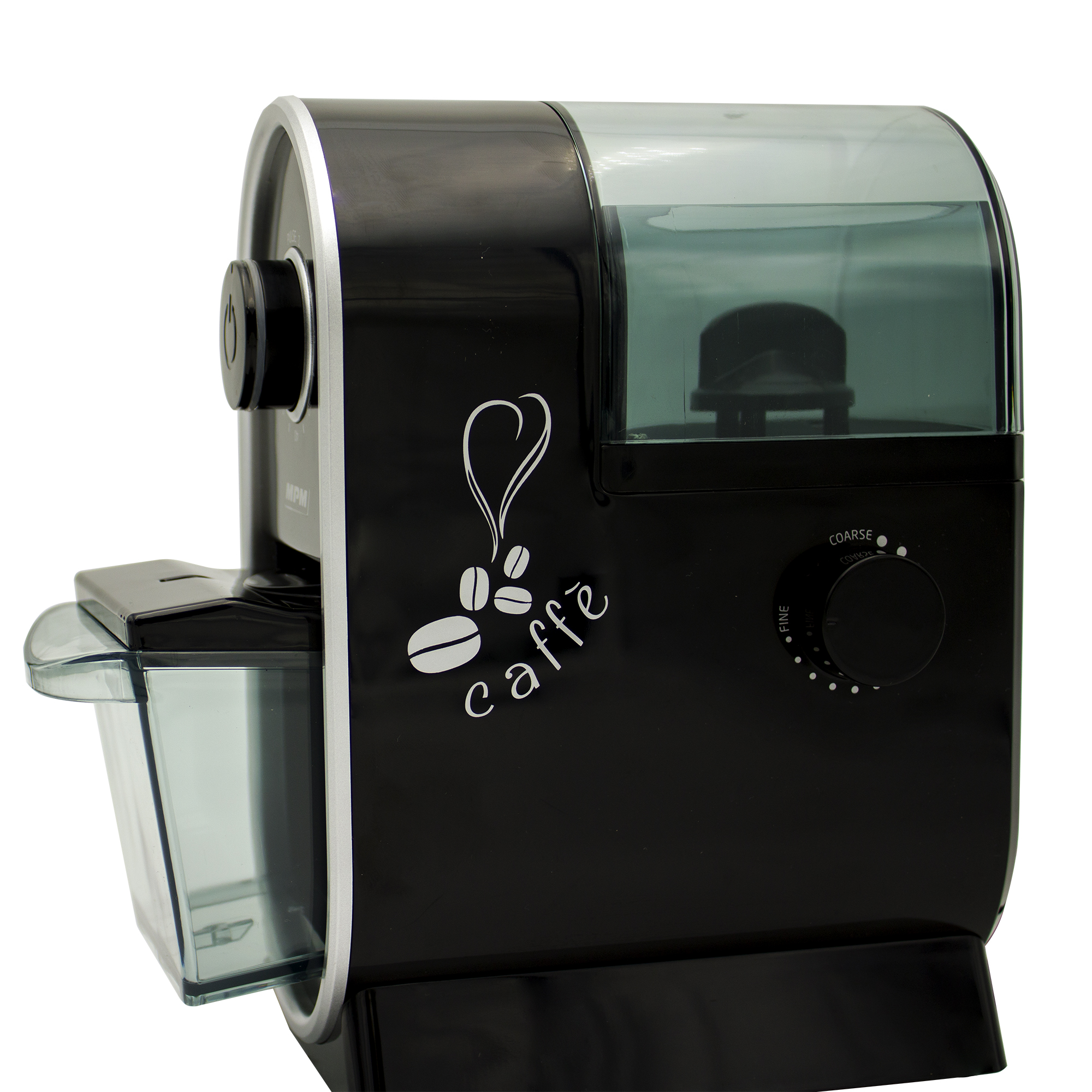 Molinillo de café negro y plateado con depósito transparente para granos y dial de control.