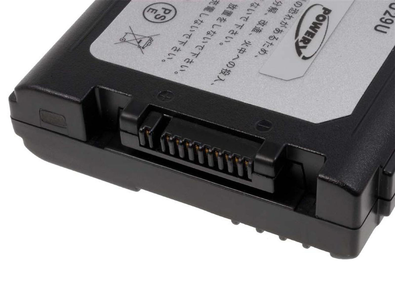 Primer plano de un conector de batería, que muestra los contactos metálicos y una etiqueta POWER, con advertencias de seguridad.