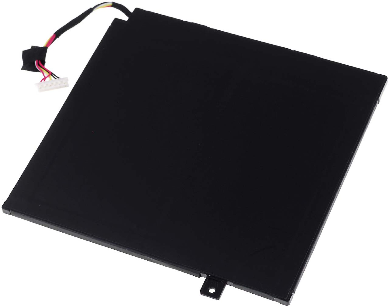 Batería negra rectangular con cable y conector blanco sobre fondo blanco.