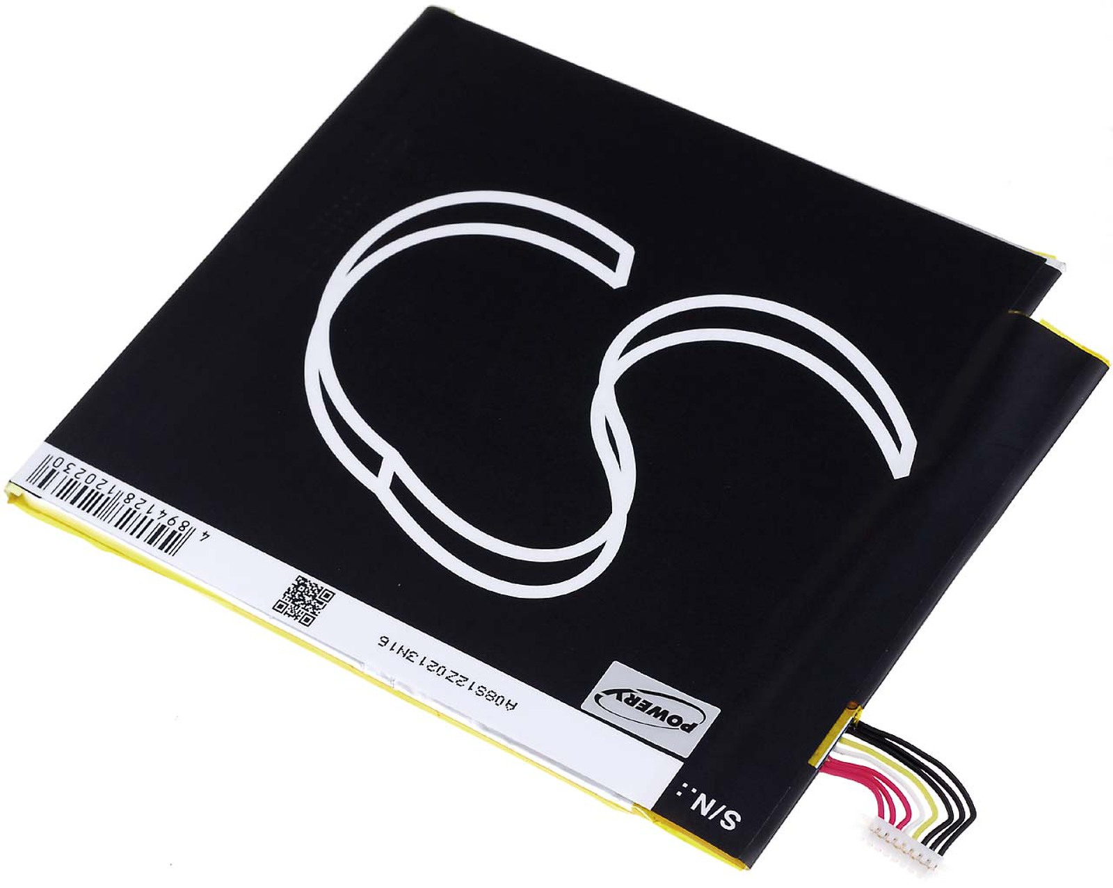 Batería negra con contornos blancos y una etiqueta blanca con el logotipo POWERY.