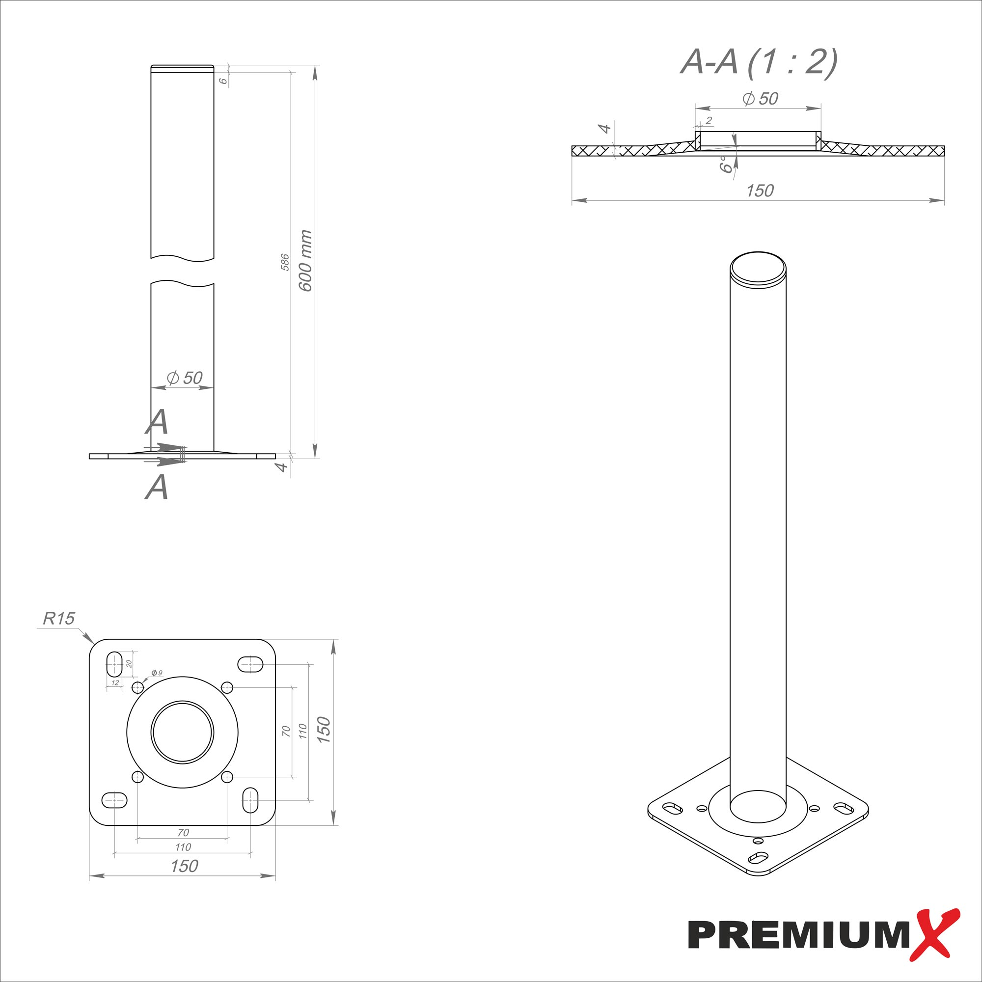 PREMIUMX 60cm Antennenmast Schraubensatz Silber SAT Ständer Aluminium Ø Standfuß Montage Flachdach Standfuß, Mastfuß 50mm