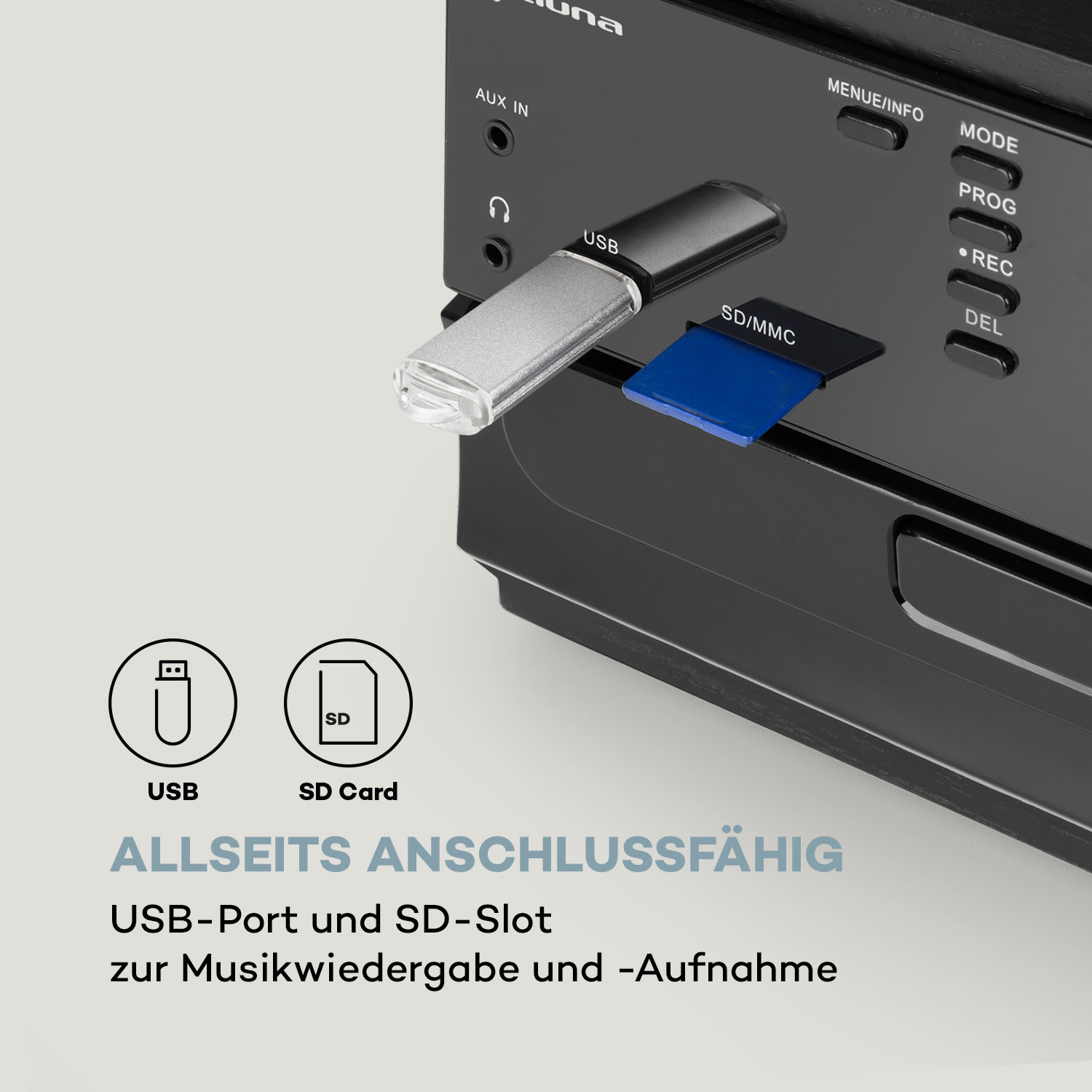 Nahaufnahme eines schwarzen Stereo-Systems mit USB- und SD-Karten-Anschlüssen.