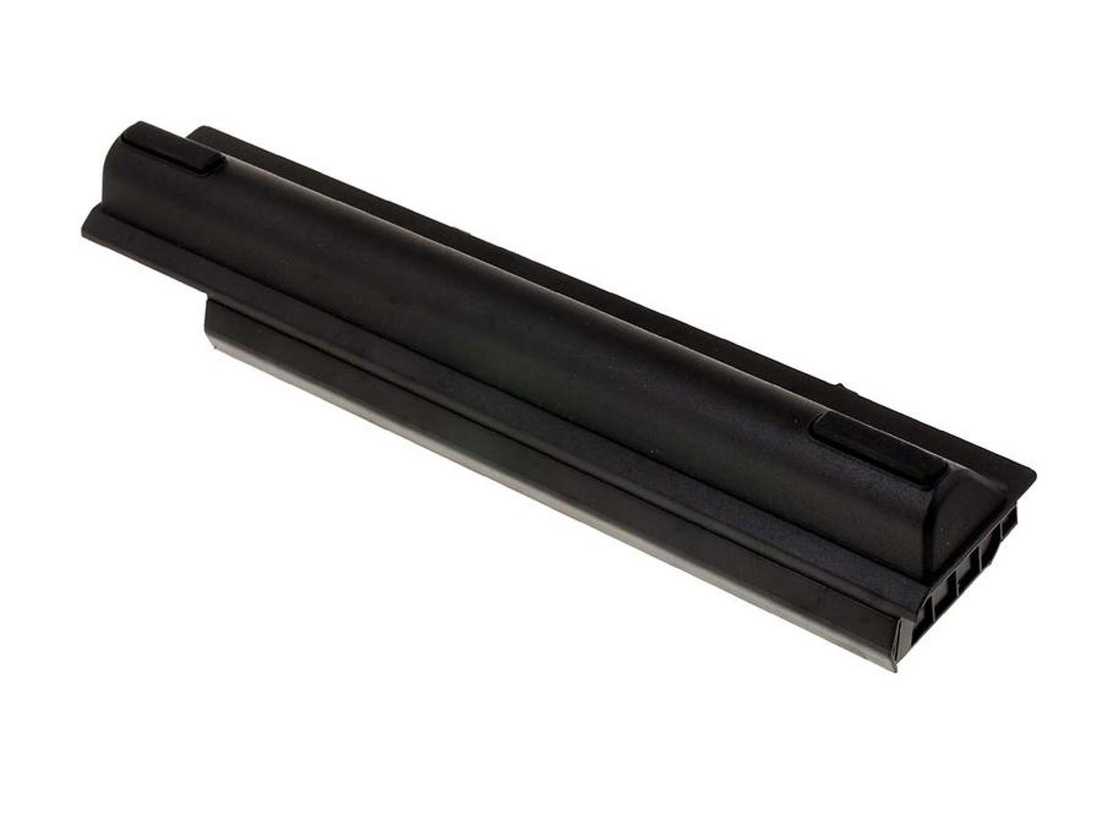 Una batería negra para portátil con un conector en un lado. Tiene forma rectangular.