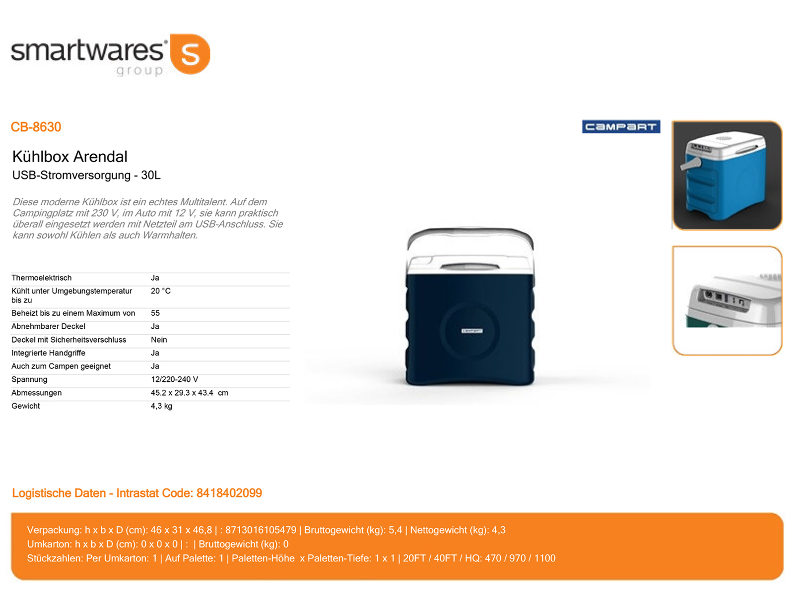 Eine blau-weiße Kühlbox mit Text und einem Bild der Kühlbox und eines Lebensmittels.